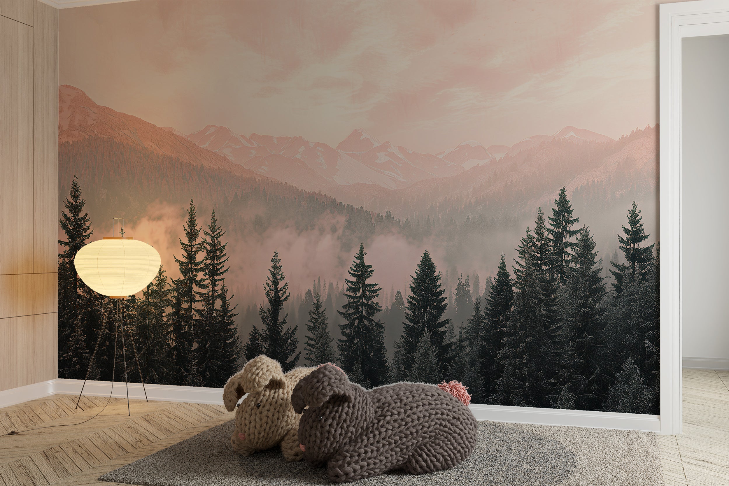 Pink Mountain Landscape Wallpaper, Pine Forest Wall Mural, Nursery Mountains Mural, Peel and Stick Soft Pink Foggy Nature Accent Wall Decor