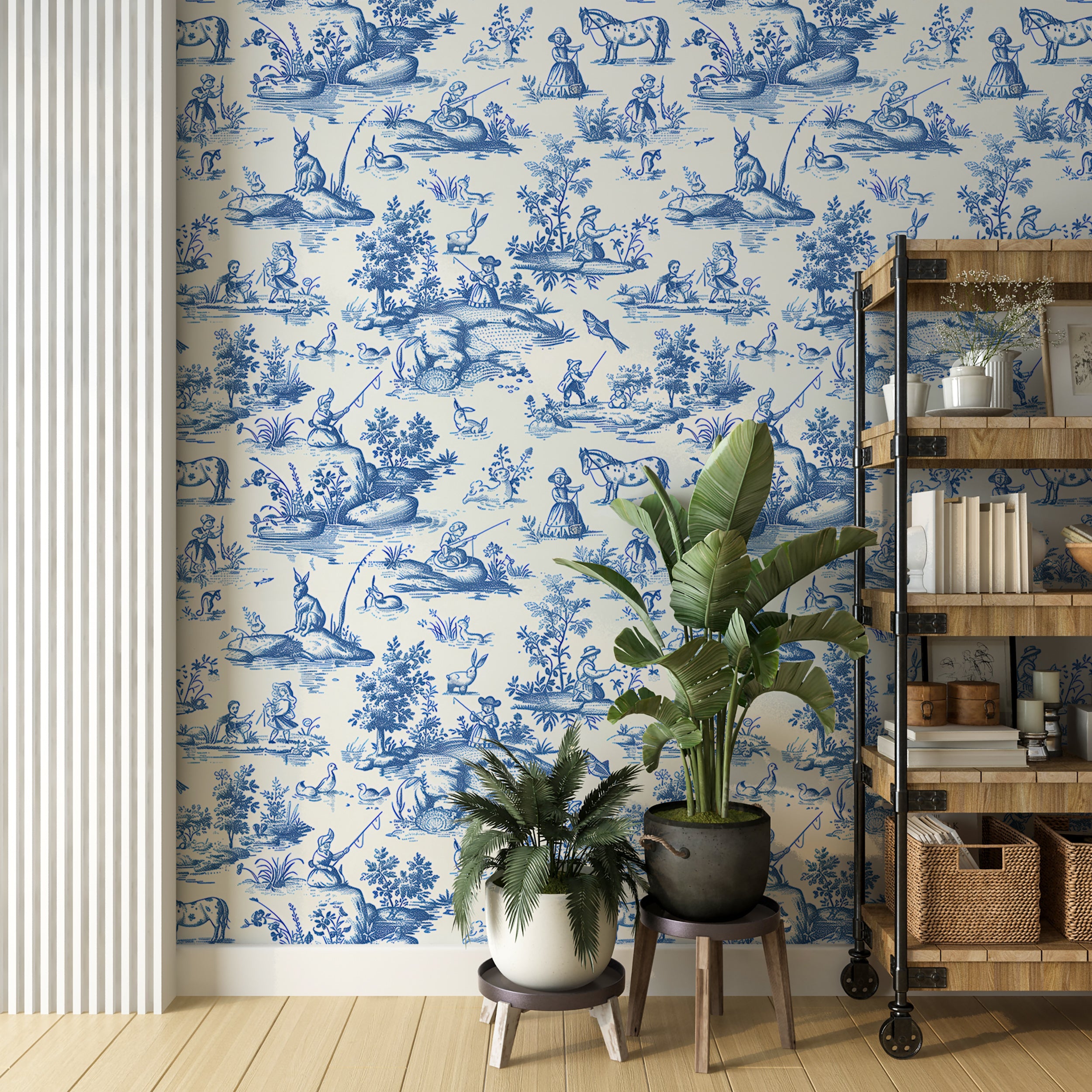 Toile de Jouy Wallpaper, White and Blue Vintage Wallpaper, Classic French Wall Decor, Peel and Stick Removable Wallpaper