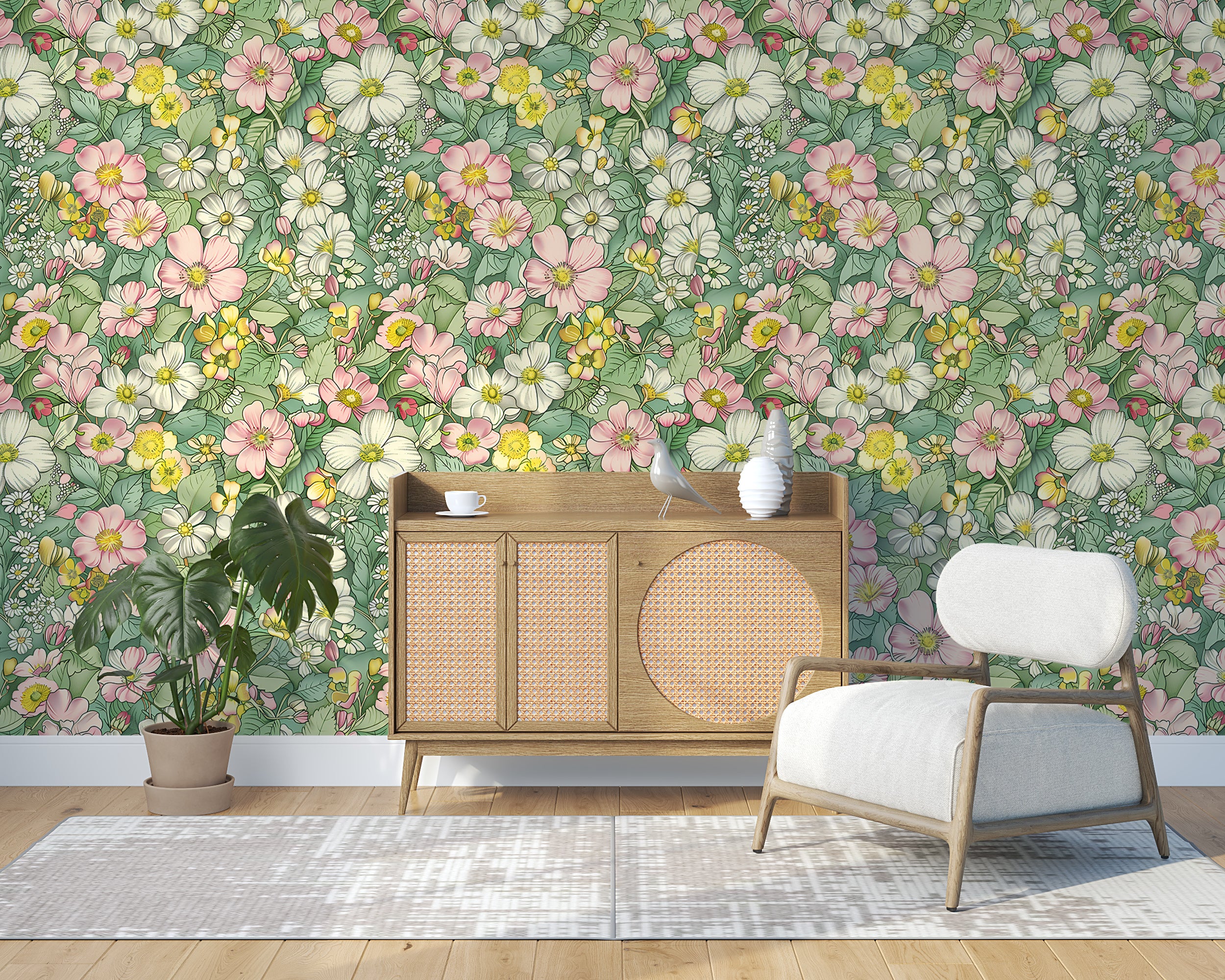Papel tapiz floral en colores pastel, papel tapiz de flores rosas y blancas, arte botánico suave, despegable y adhesivo.