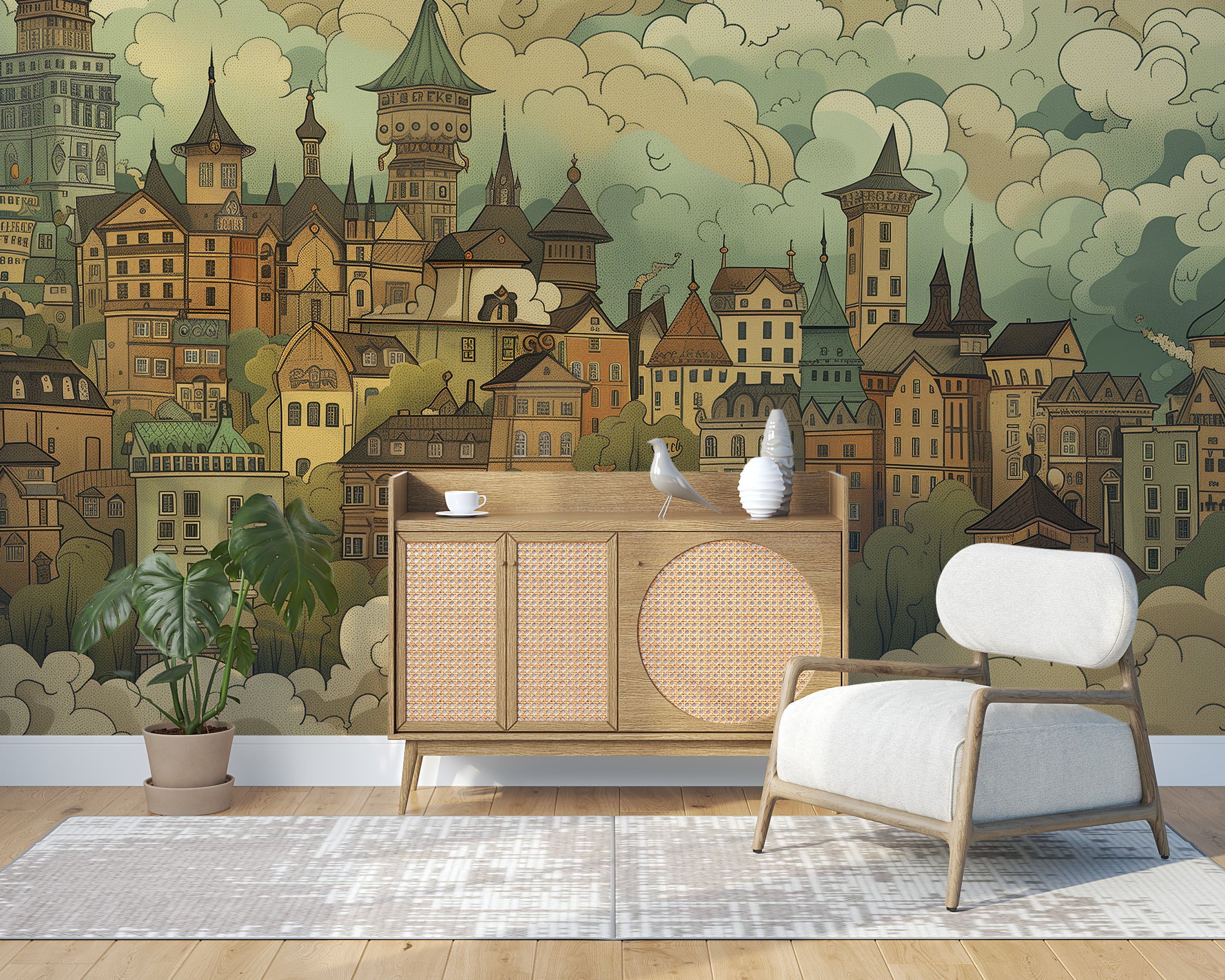 Mural de ciudad y nubes de estilo vintage, papel pintado de casco antiguo, mural de pared autoadhesivo de casas de cuento de hadas en el cielo