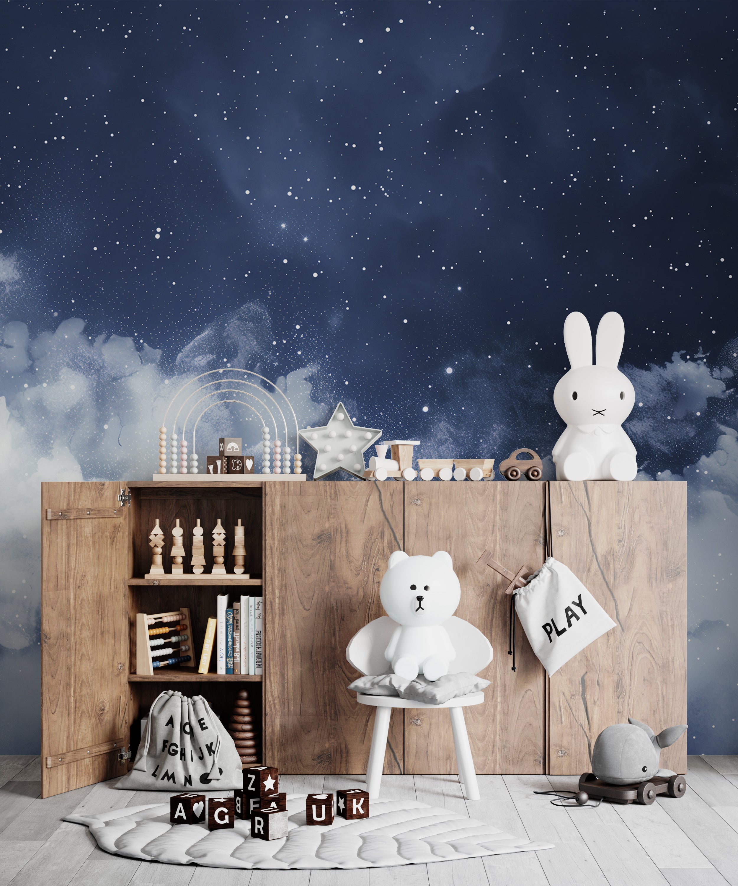Starry Sky Wall Mural, Blue and White Cloudy Starry Night Wallpaper, Peel and Stick Stars in the Sky Mural, Starry Space Art