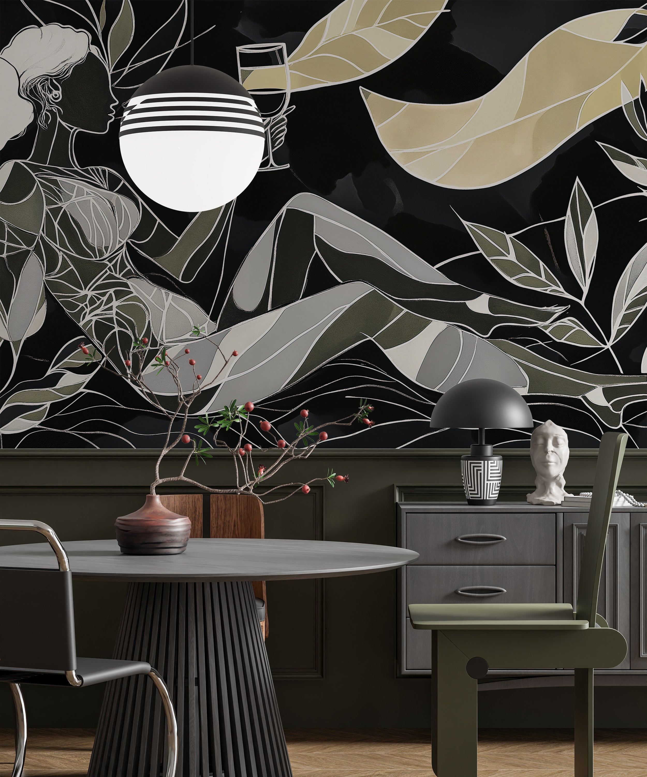 Mujer con copa de vino en estilo art déco. Arte mural abstracto oscuro. Decoración geométrica negra y gris despegable y adhesiva.