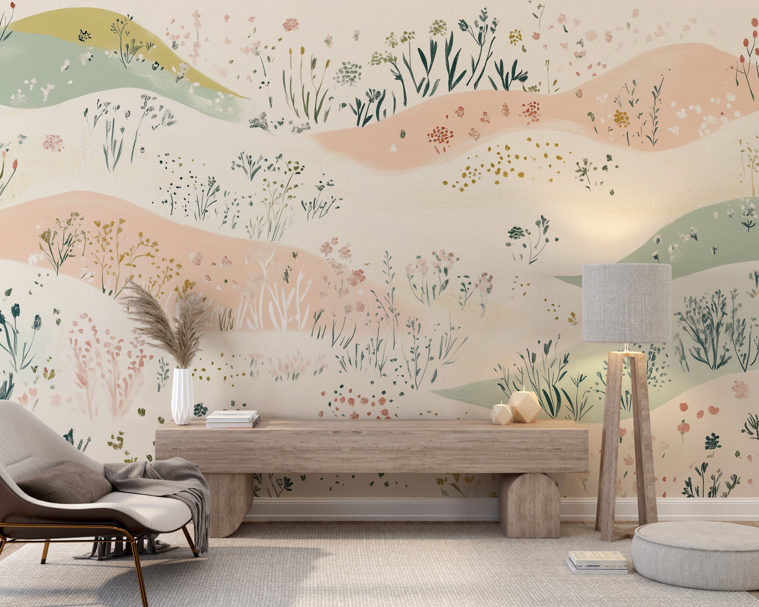 Soft Abstract Flower Field Mural, Nursery Pastel Colors Wild Meadow Flowers Wallpaper, Peel and Stick or Non-woven Floral Decor