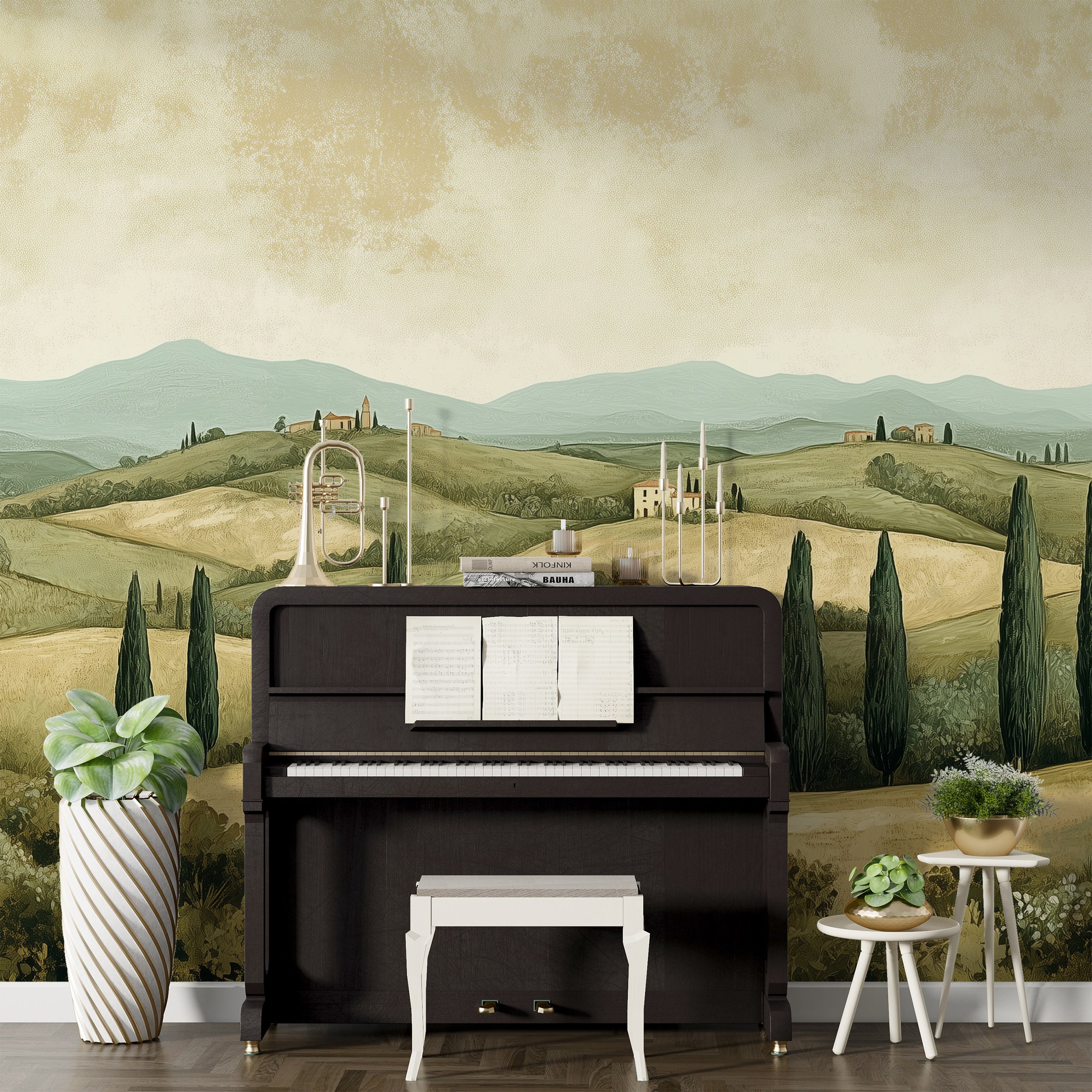 Watercolor Green Field Mural, Vintage Scenic Italian Landscape Wallpaper, Peel and Stick Cypress Trees Mural