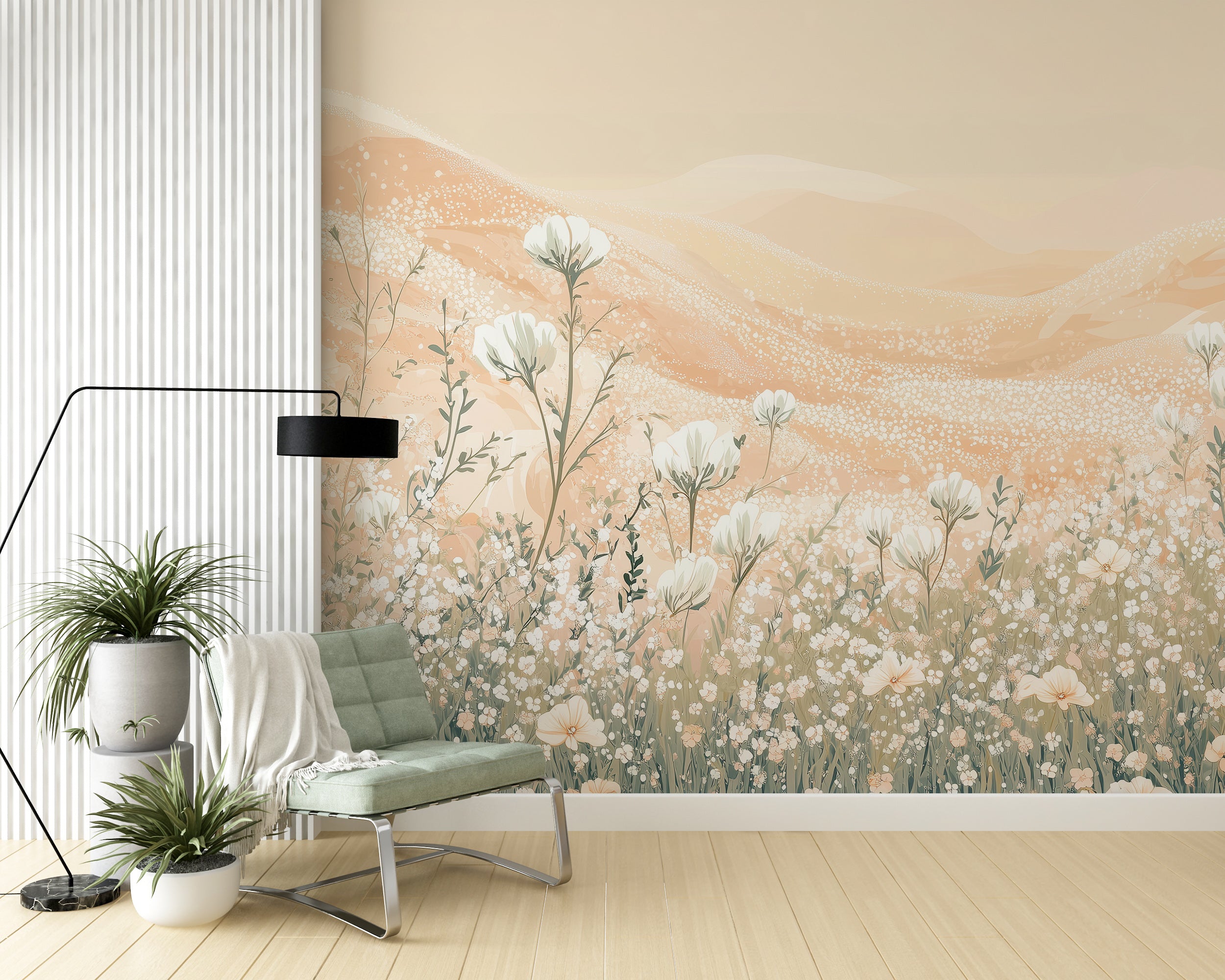 Mural de campo de flores beige suave, decoración botánica cálida para guardería, papel tapiz de prado de flores blancas autoadhesivo