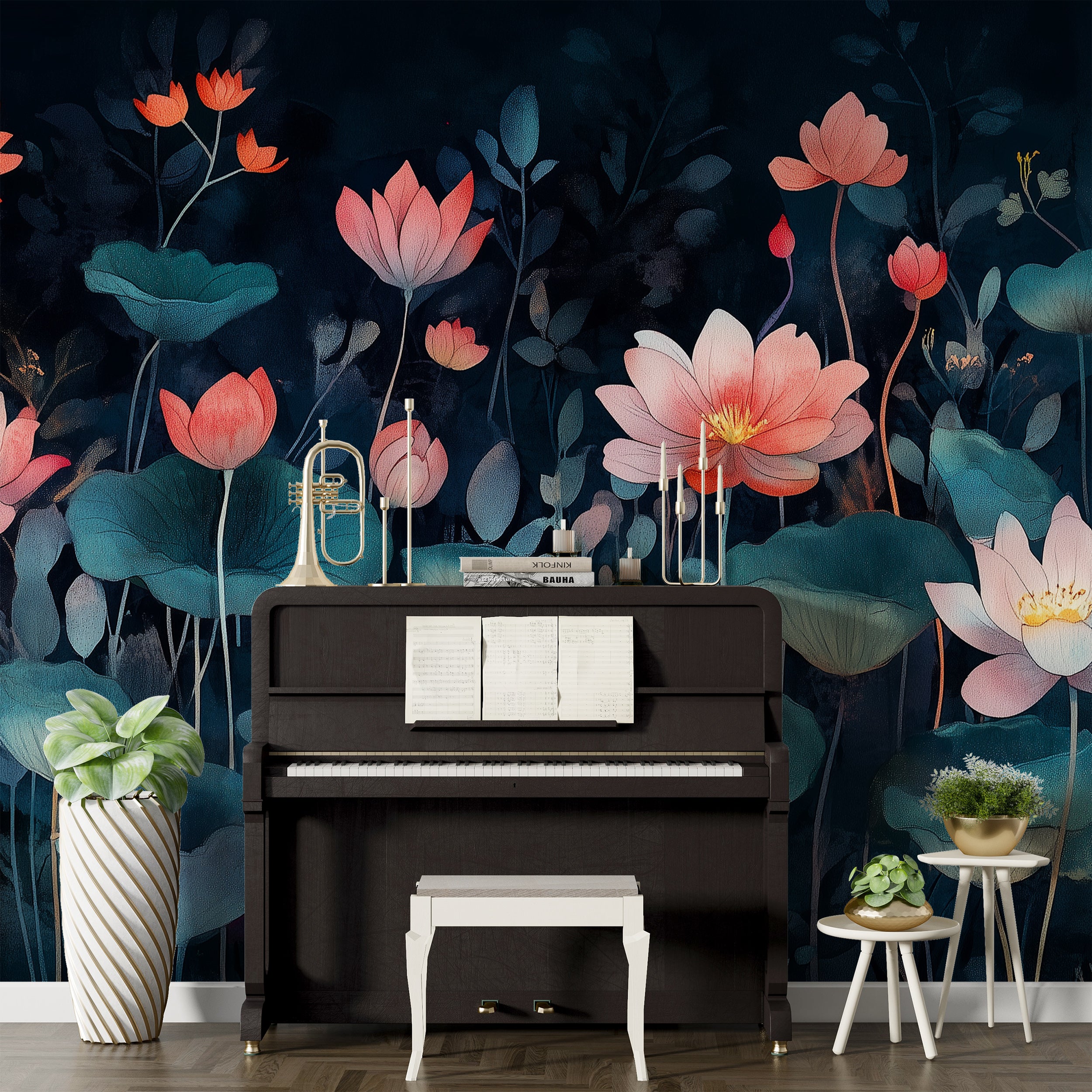 Mural de flores de loto oscuras, papel tapiz botánico con acentos, decoración de pared floral en azul oscuro y rosa autoadhesiva.