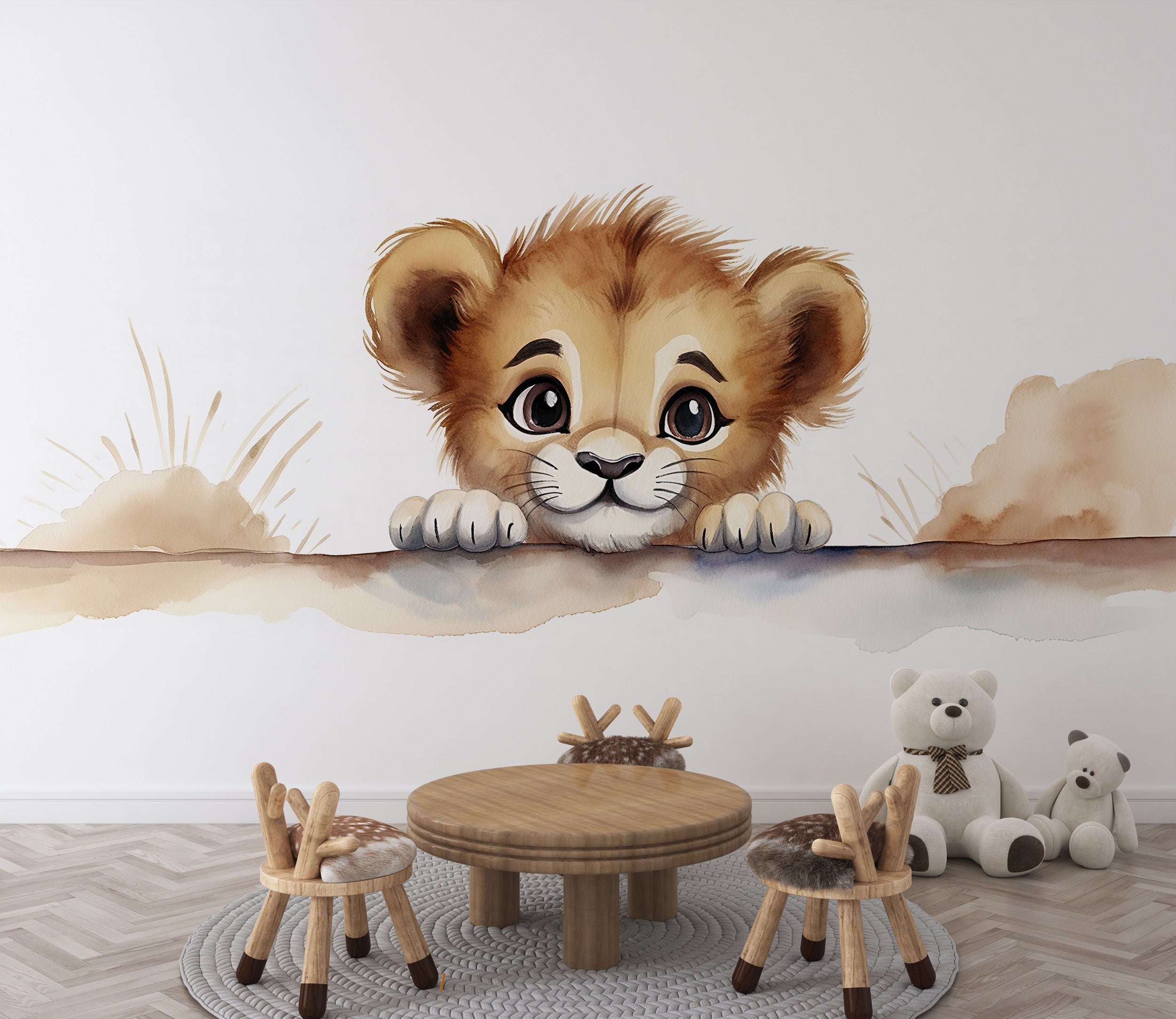 Watercolor cute baby lion wall mural
