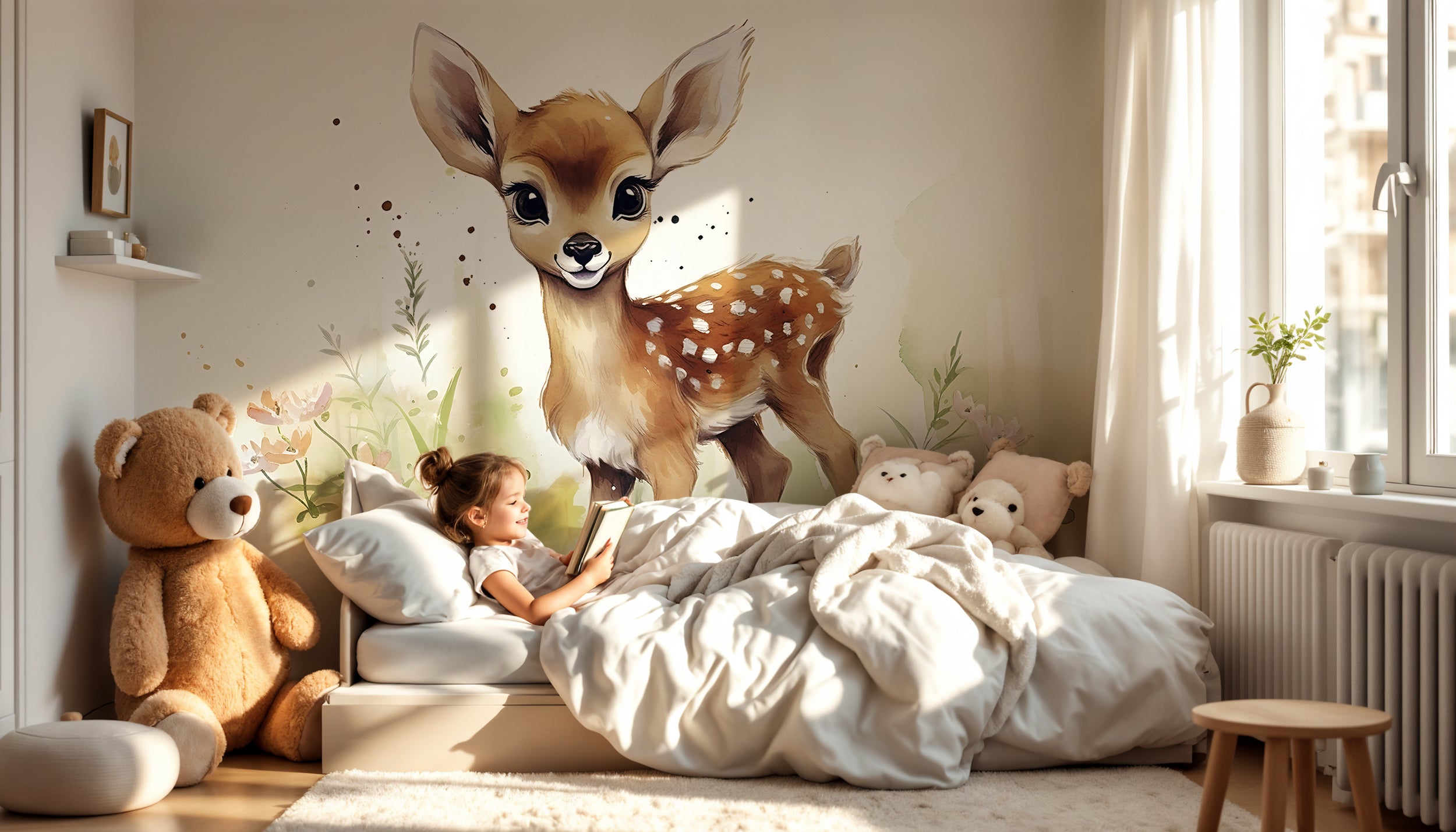 Baby Deer Nursery Mural - Cute Forest Animal Wallpaper - Watercolor Kids Room Deer - Peel and Stick Nursery Animal Wallpaper