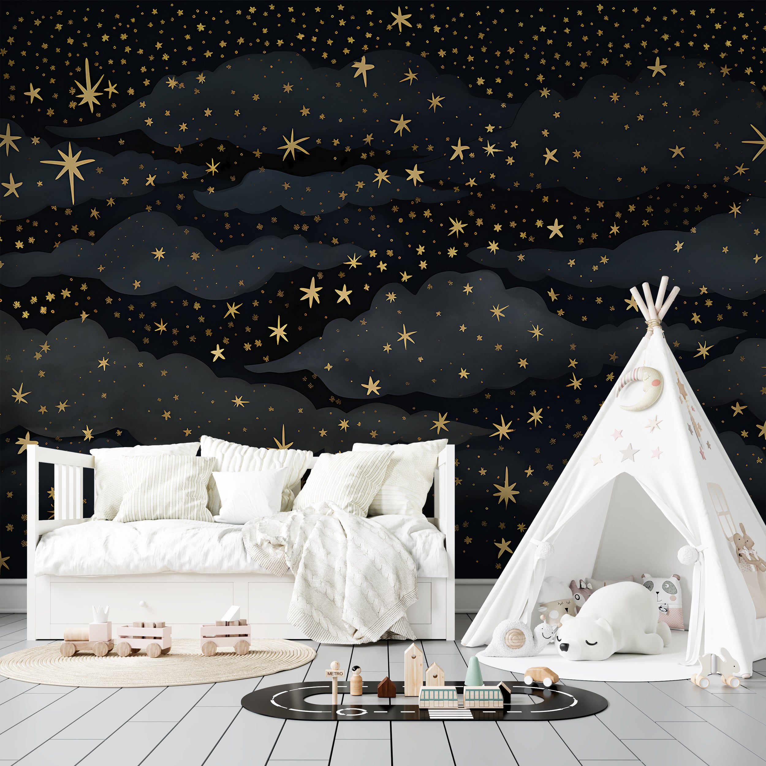 Black Nursery Mural with Golden Stars