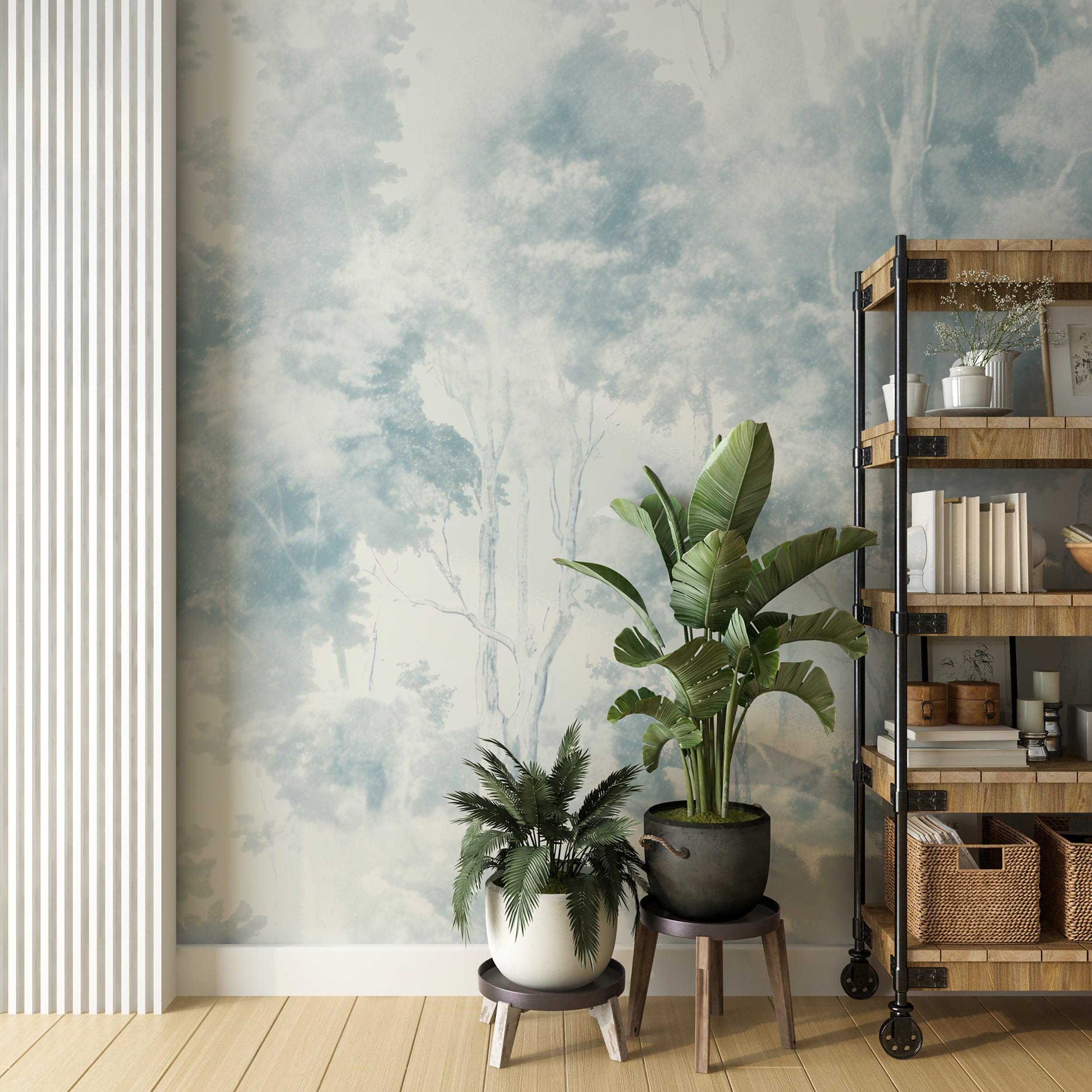 Washed Out Forest Wall Mural in Muted Blue Toil de Jouy Style Peel and Stick Removable Wallpaper