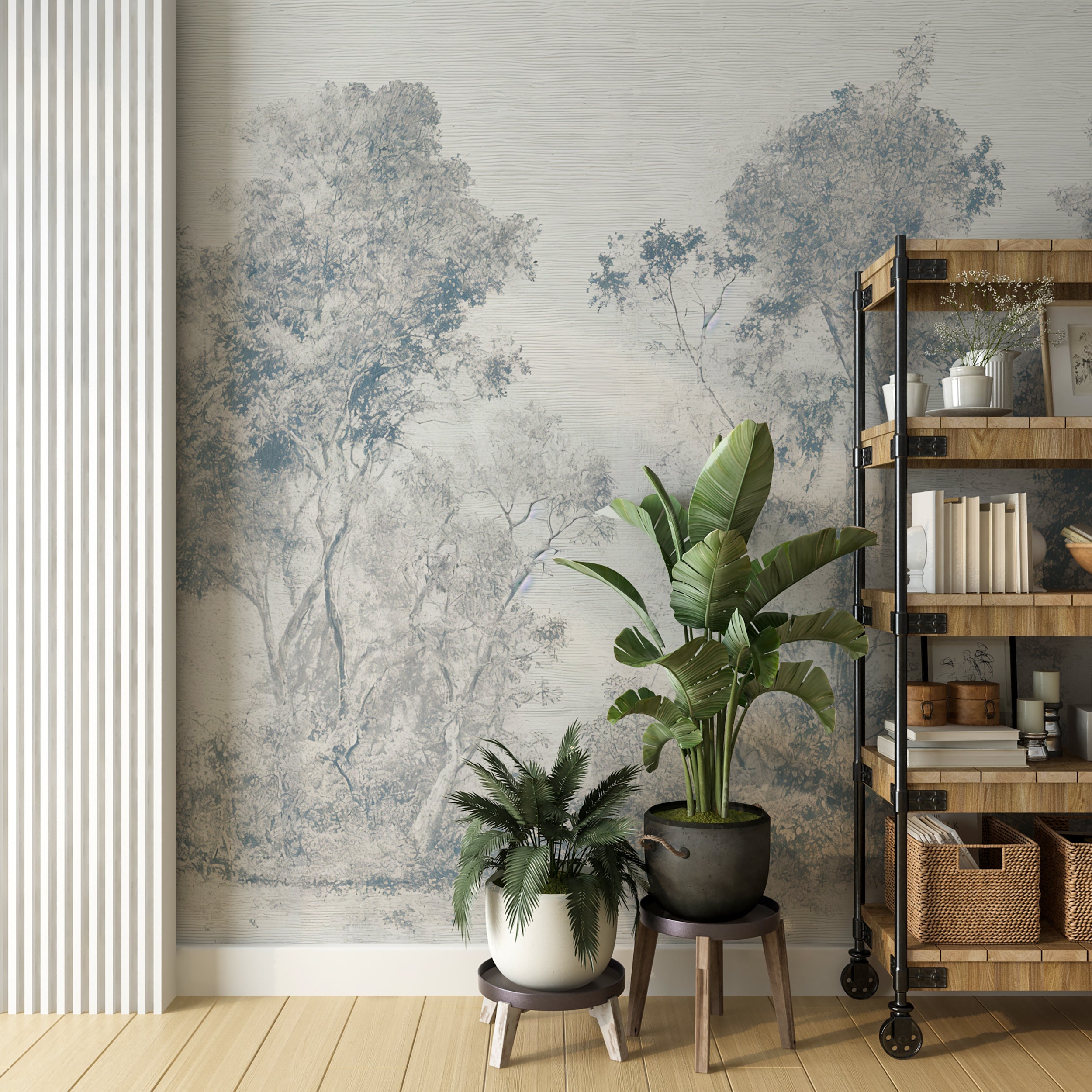 Grey Forest Monochrome Mural in Sepia Tone Peel and Stick Washed Out Trees Wallpaper