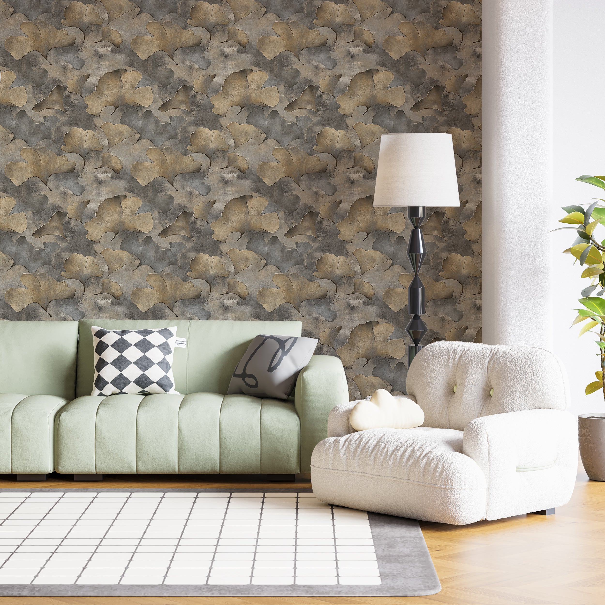 Papel tapiz moderno con hojas de ginkgo, arte botánico beige y gris, decoración de pared de lujo autoadhesiva.