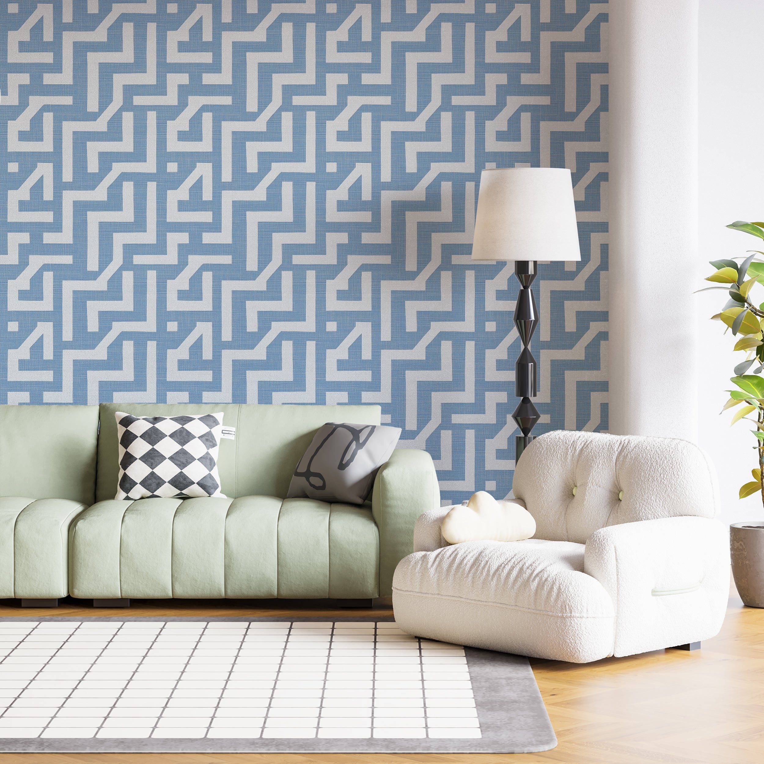 Papel tapiz de líneas de lino azul y blanco, diseño de pared geométrico azul y blanco despegable y adhesivo.