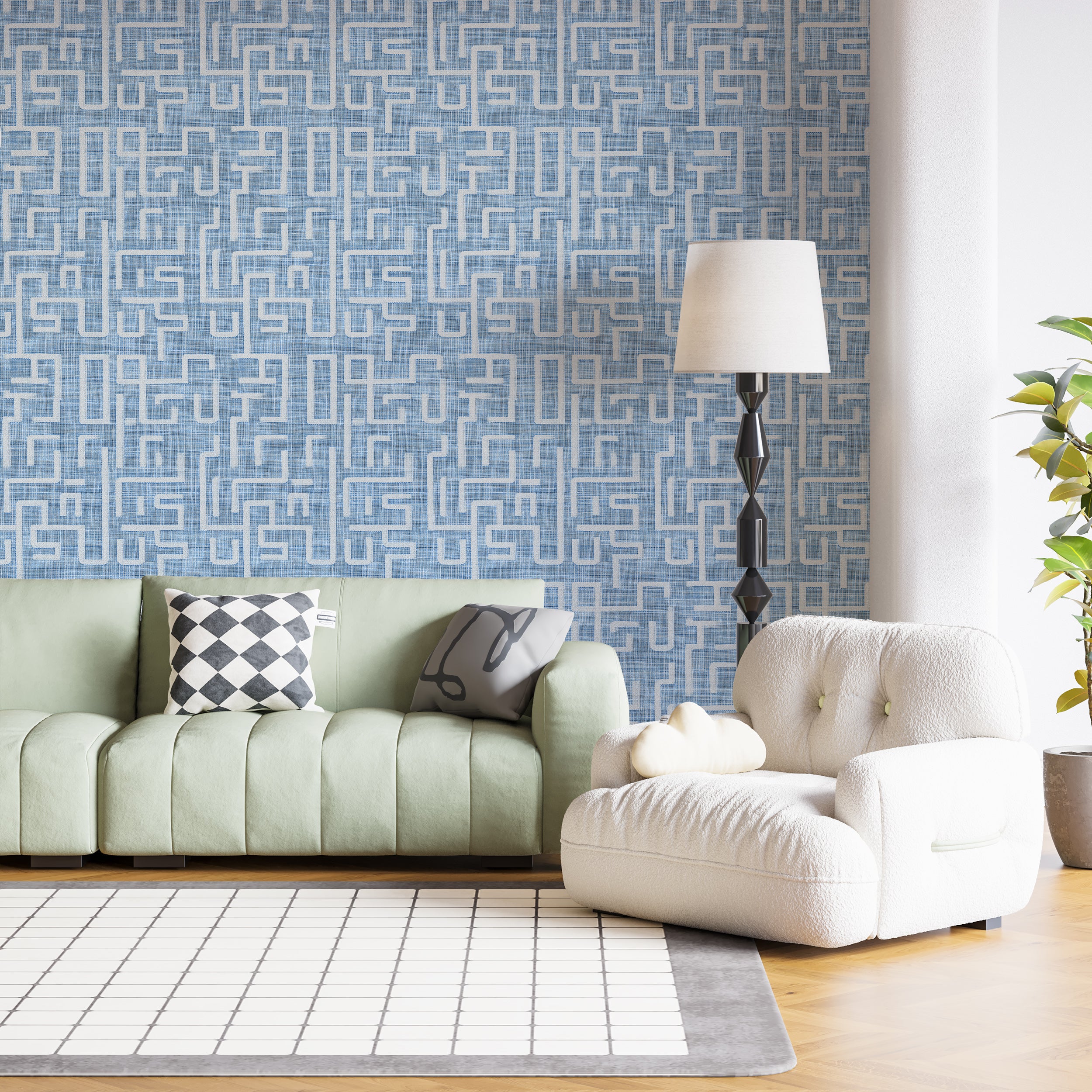 Papel tapiz con líneas azules y blancas, decoración de pared con geometría clásica, papel tapiz autoadhesivo estilo lino azul suave.