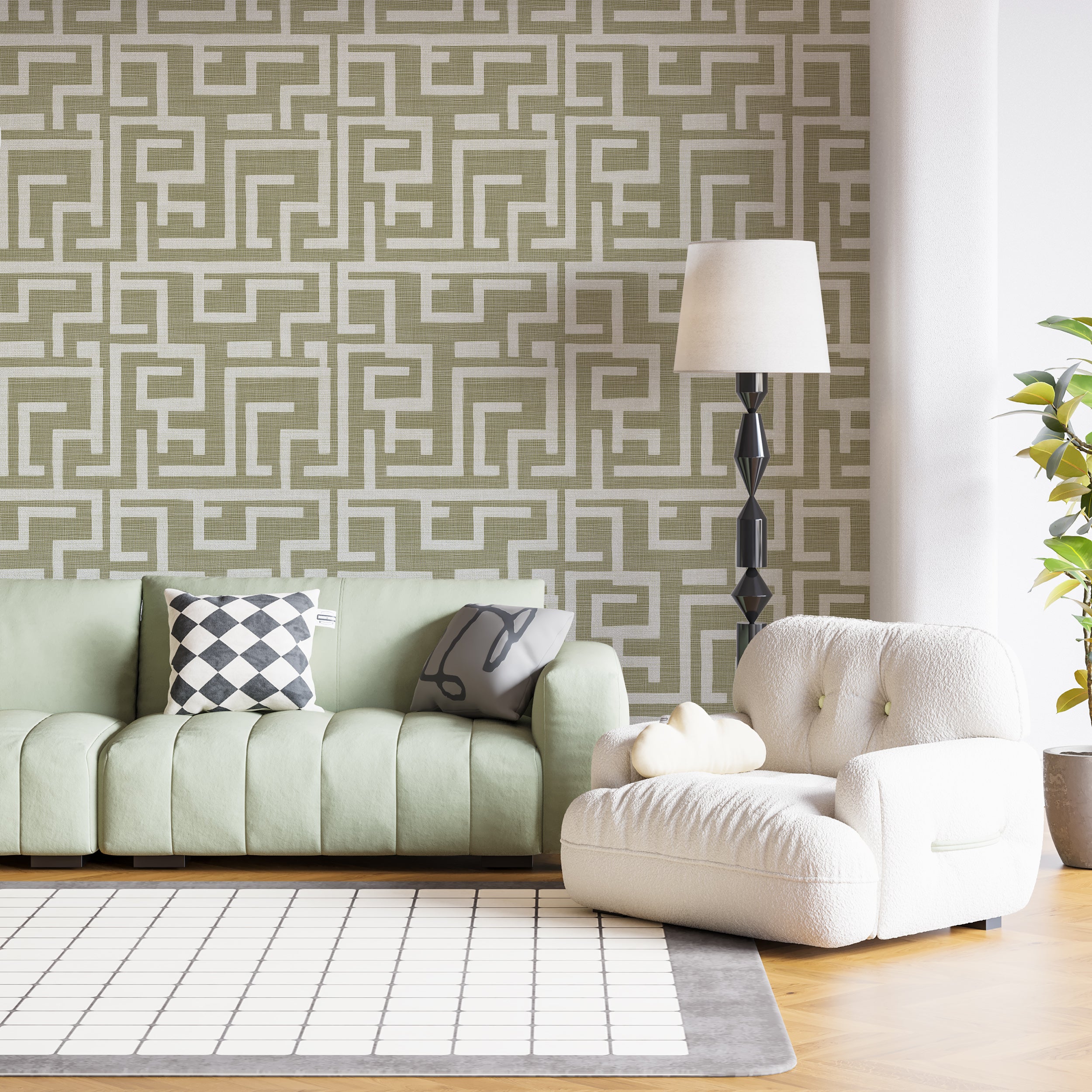 Papel tapiz geométrico en tonos oliva claro y blanco, decoración de pared con líneas de lino, papel tapiz moderno autoadhesivo.