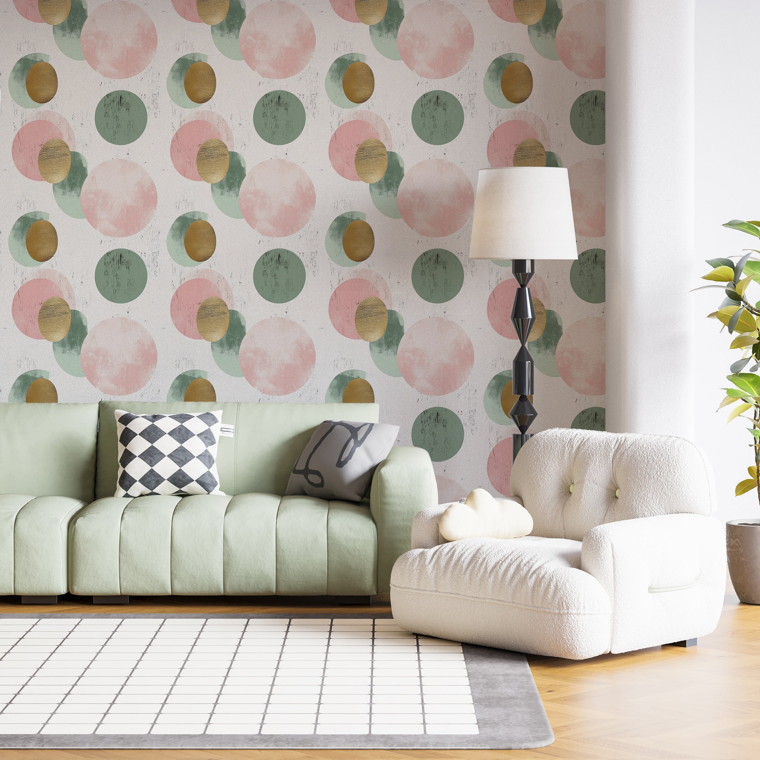 Pink green and gold circles wallpaper for mid-century decor
Peel and stick large dots wallpaper with retro design