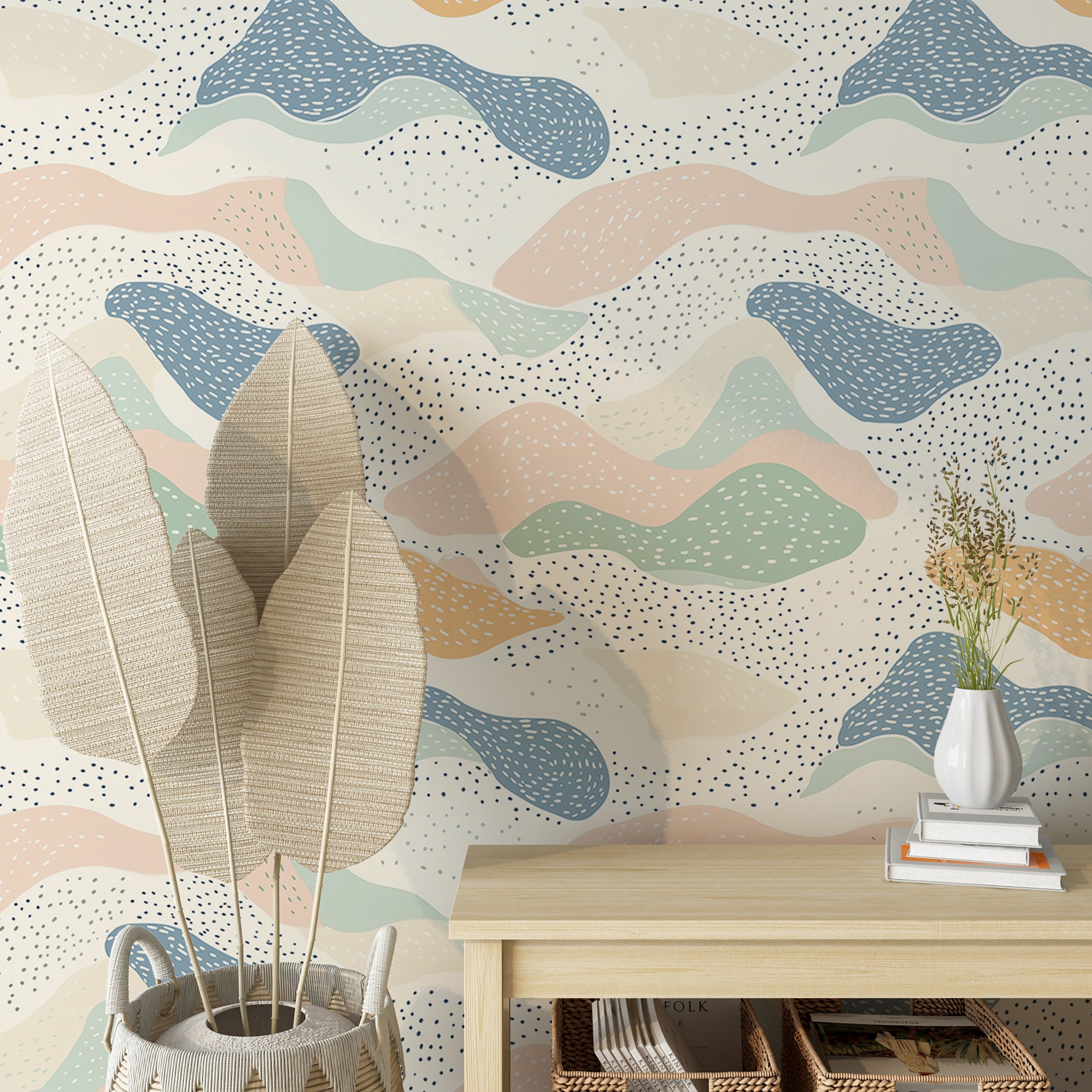 Abstract Pastel Shapes Wallpaper, Soft Colorful Wavy Design, Geometric Dot Pattern Wall Decor, Modern Peel and Stick Wallpaper