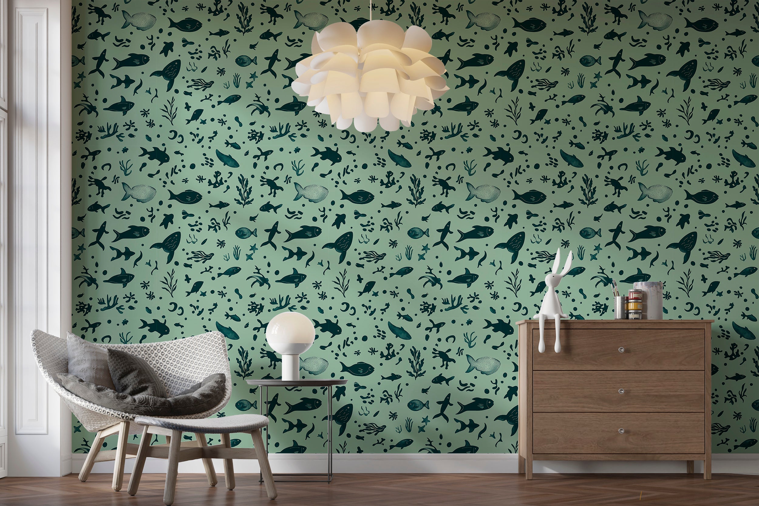 Muted Green Underwater Life Wallpaper, Marine Life Wall Decor, Fish and Coral Peel and Stick Wallpaper