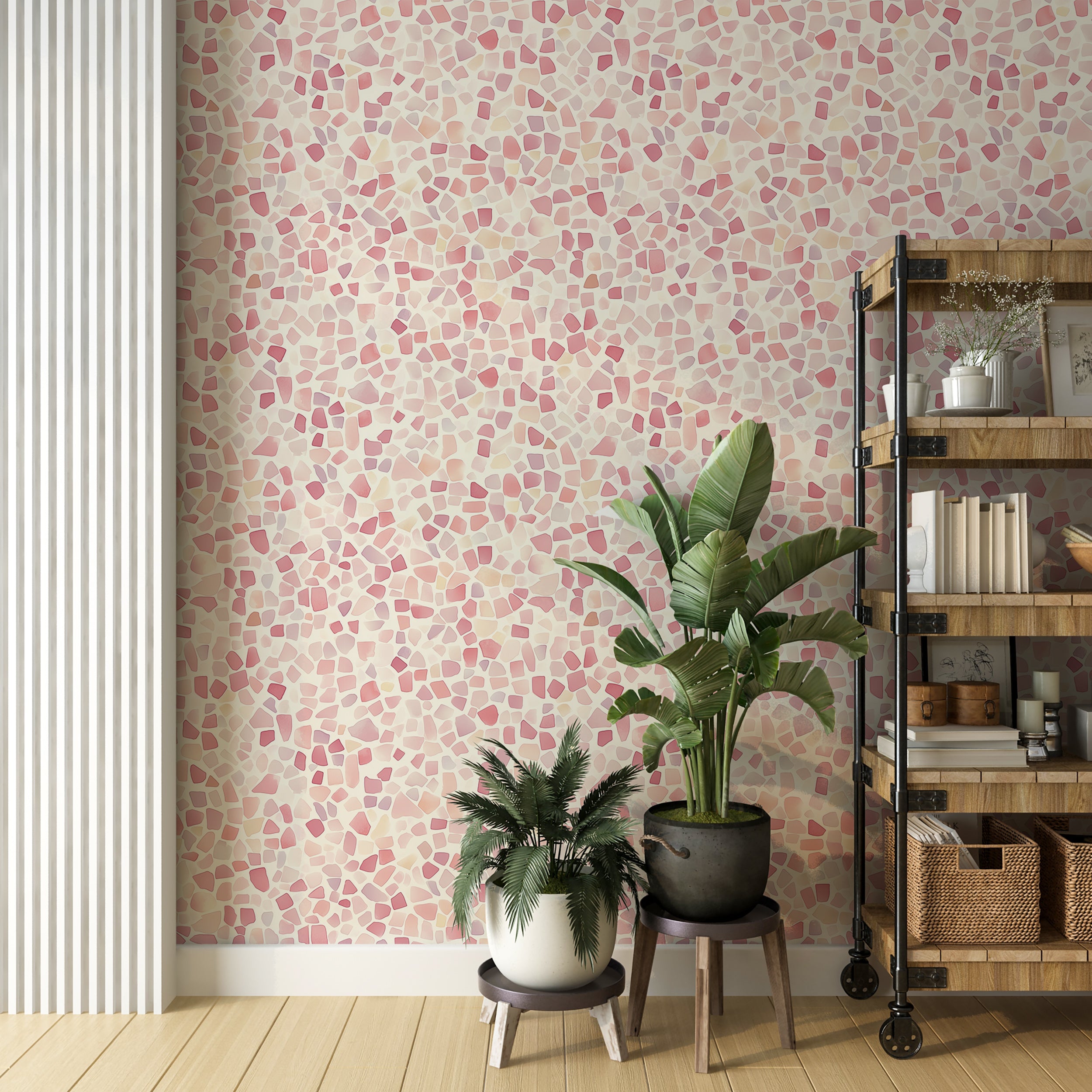 Soft blush pink and cream geometric wallpaper.
Abstract watercolor mosaic wall mural.