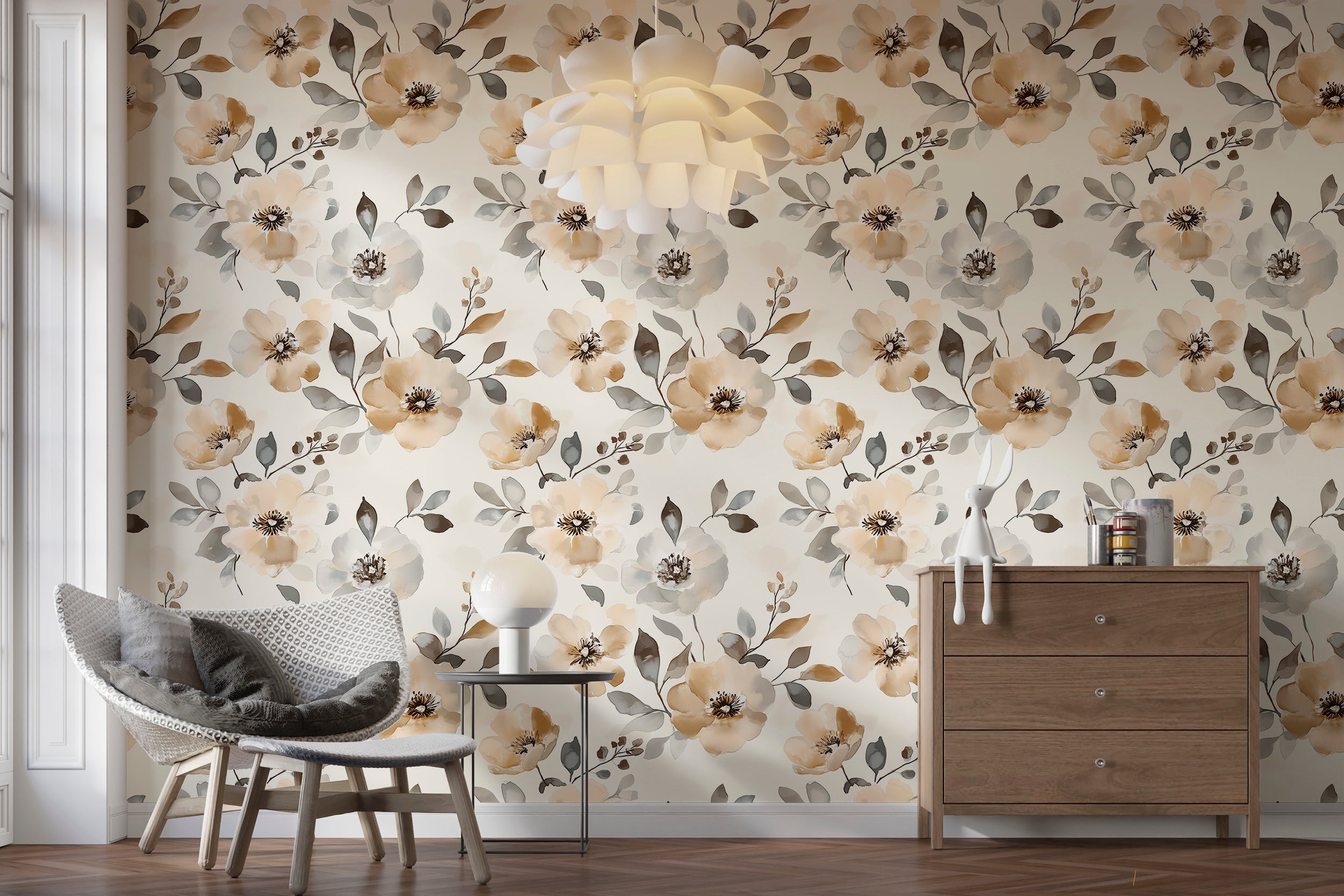 Watercolor Muted Beige and Gray Floral Wallpaper, Soft Floral Design, Elegant Watercolor Flower Wall Decal, Peel and Stick Wallpaper