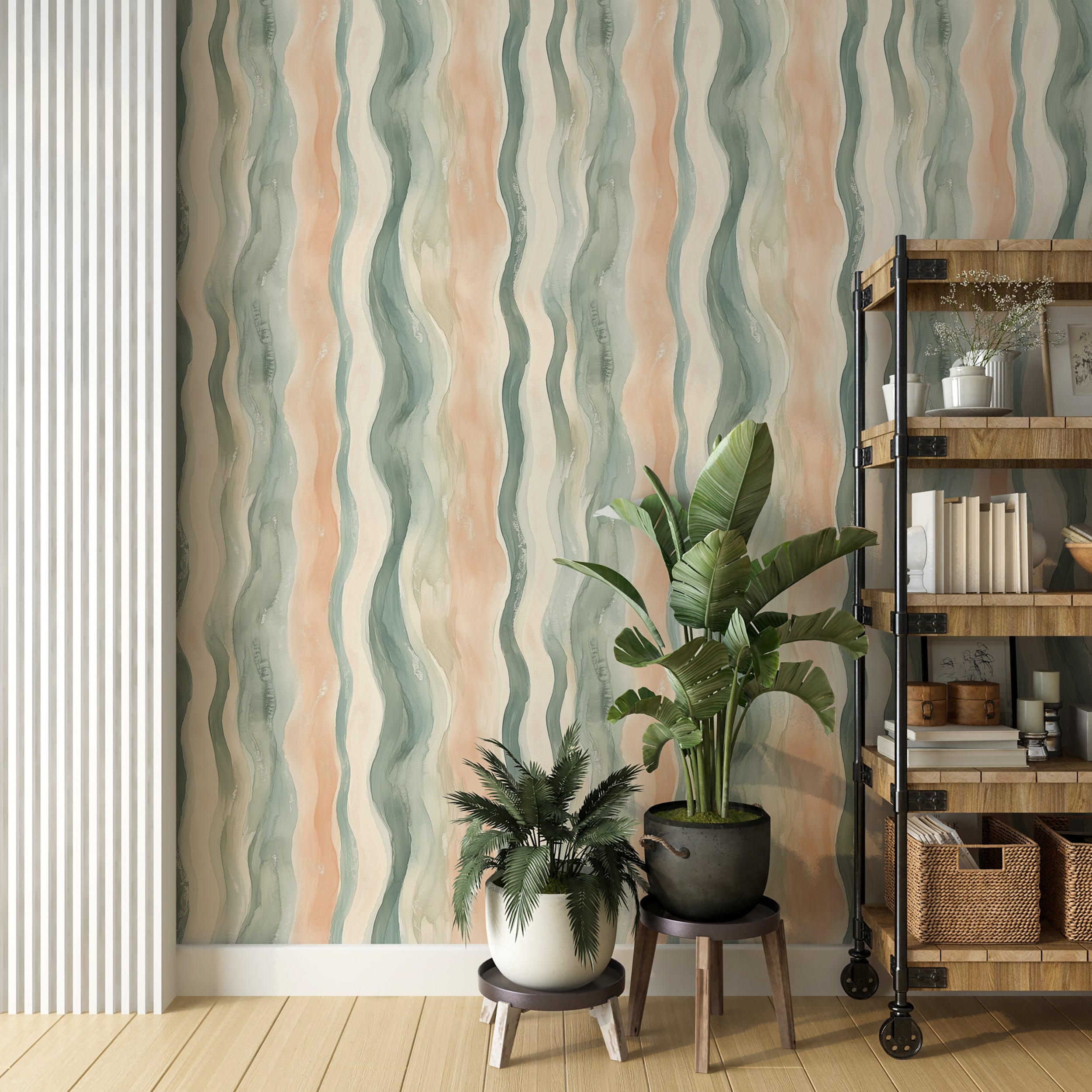 Watercolor Pastel Beige, Teal, Peach, and Light Green Wavy Stripes Wallpaper, Soft Fluid Wave Decor, Modern Pastel Wallpaper, Peel and Stick Wallpaper
