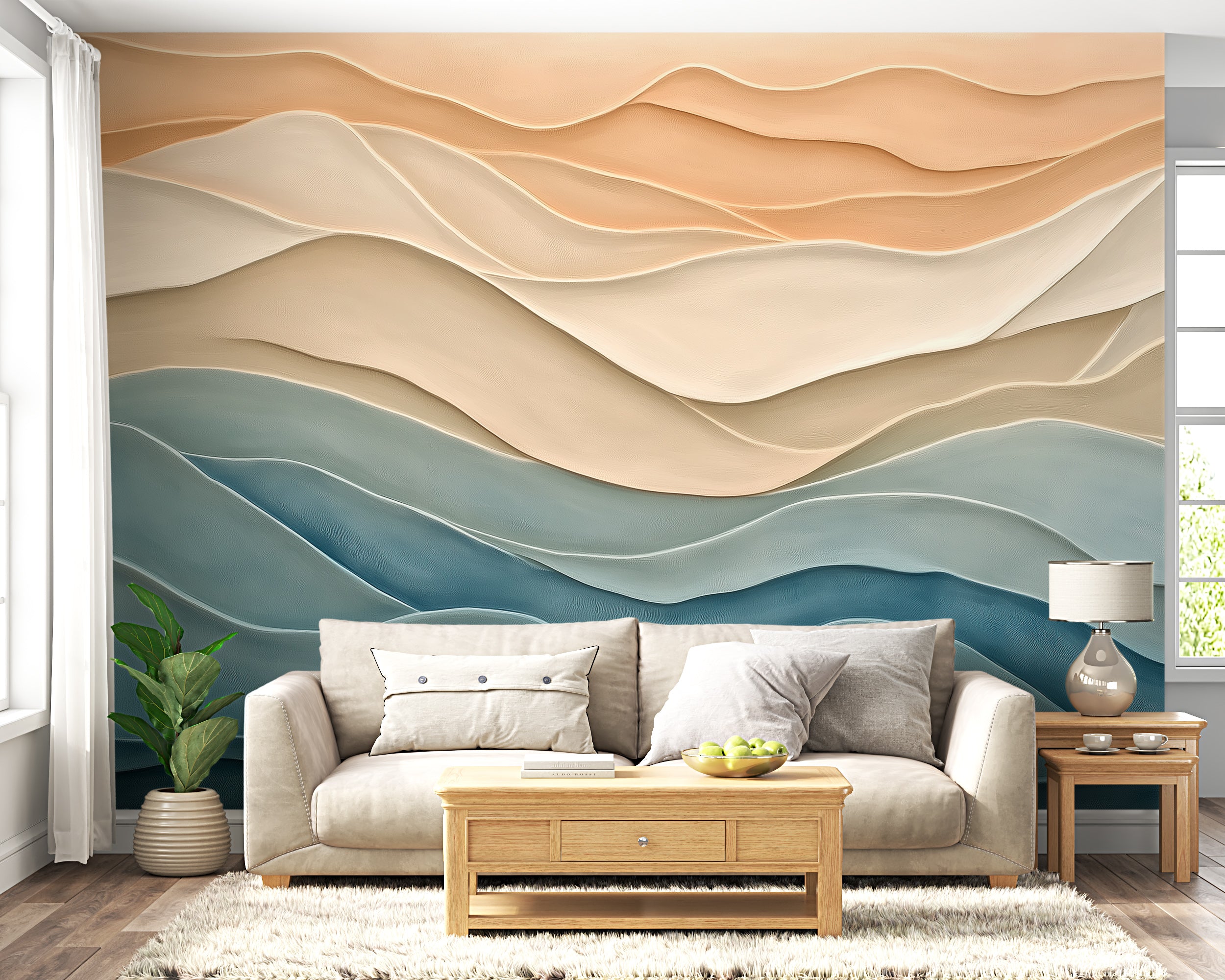 Mural de pared con líneas azules y beige, papel pintado abstracto moderno con ondas, decoración geométrica autoadhesiva, calcomanía extraíble.
