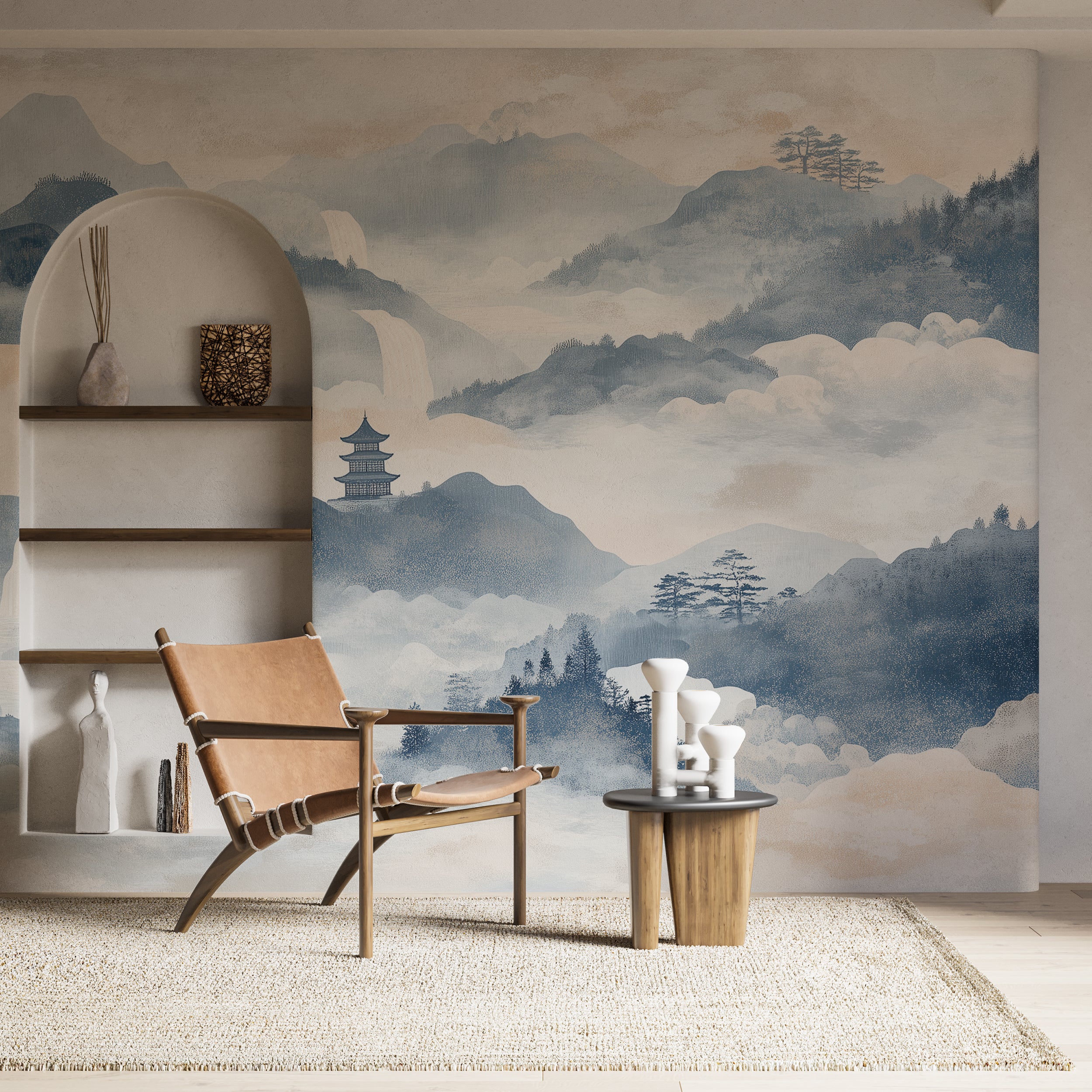 Soft Blue and White Landscape Mural, Chinese Mountains Wallpaper, Watercolor Cloudy Wall Mural, Peel and Stick Decor