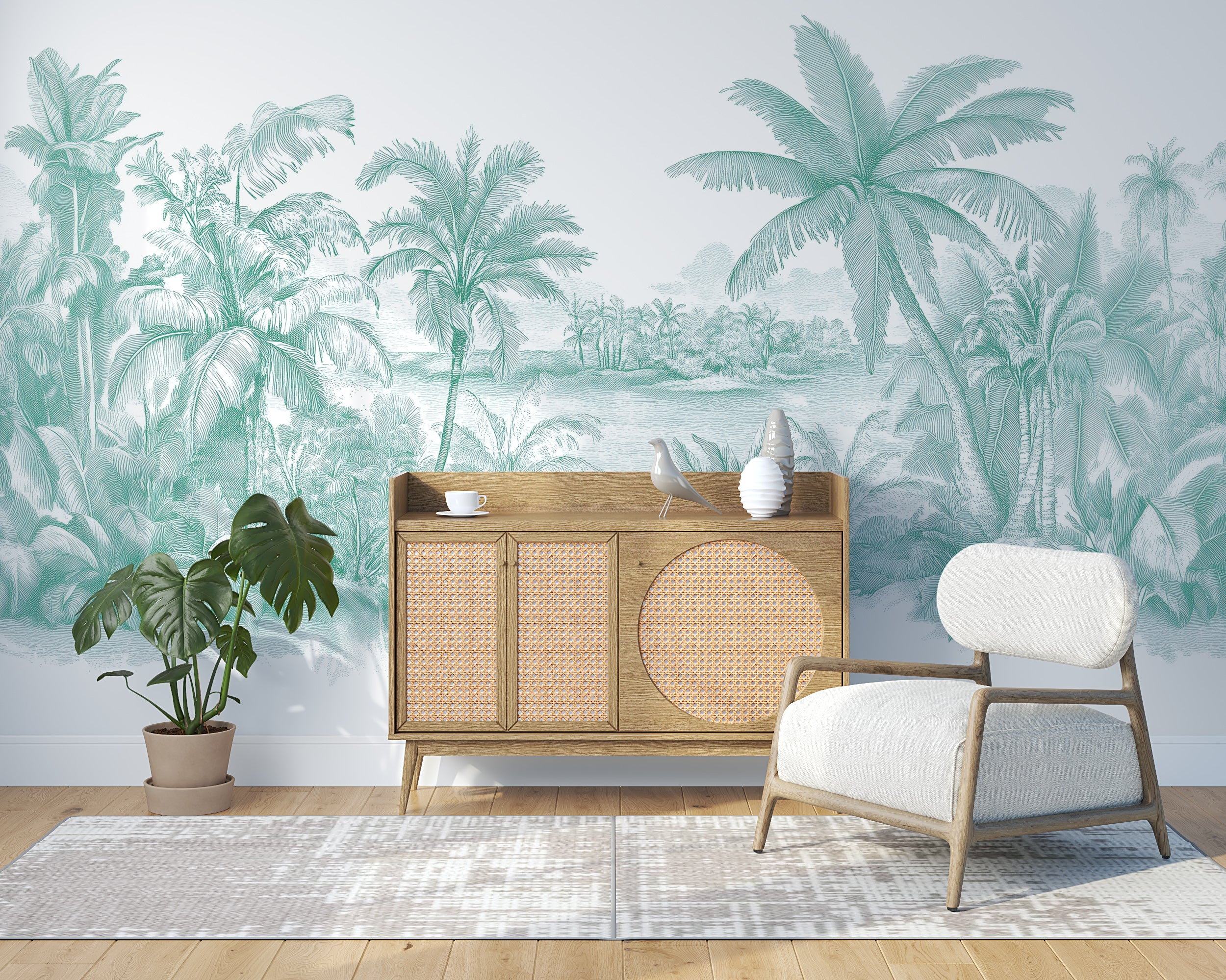 Soft Green Toile de Jouy Mural, Self-adhesive Jungle Wallpaper, Monochrome Mural, Non-woven French Classic Decor