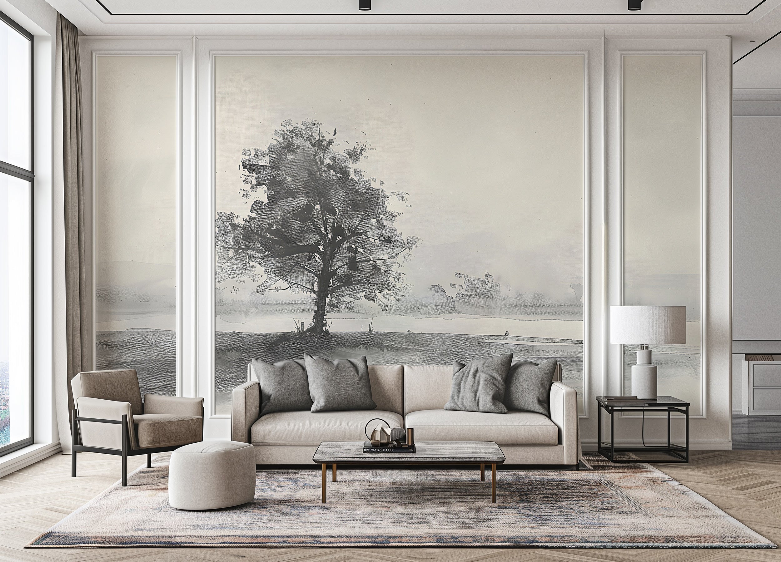 Monochrome tree mural wallpaper Vintage black and white landscape mural