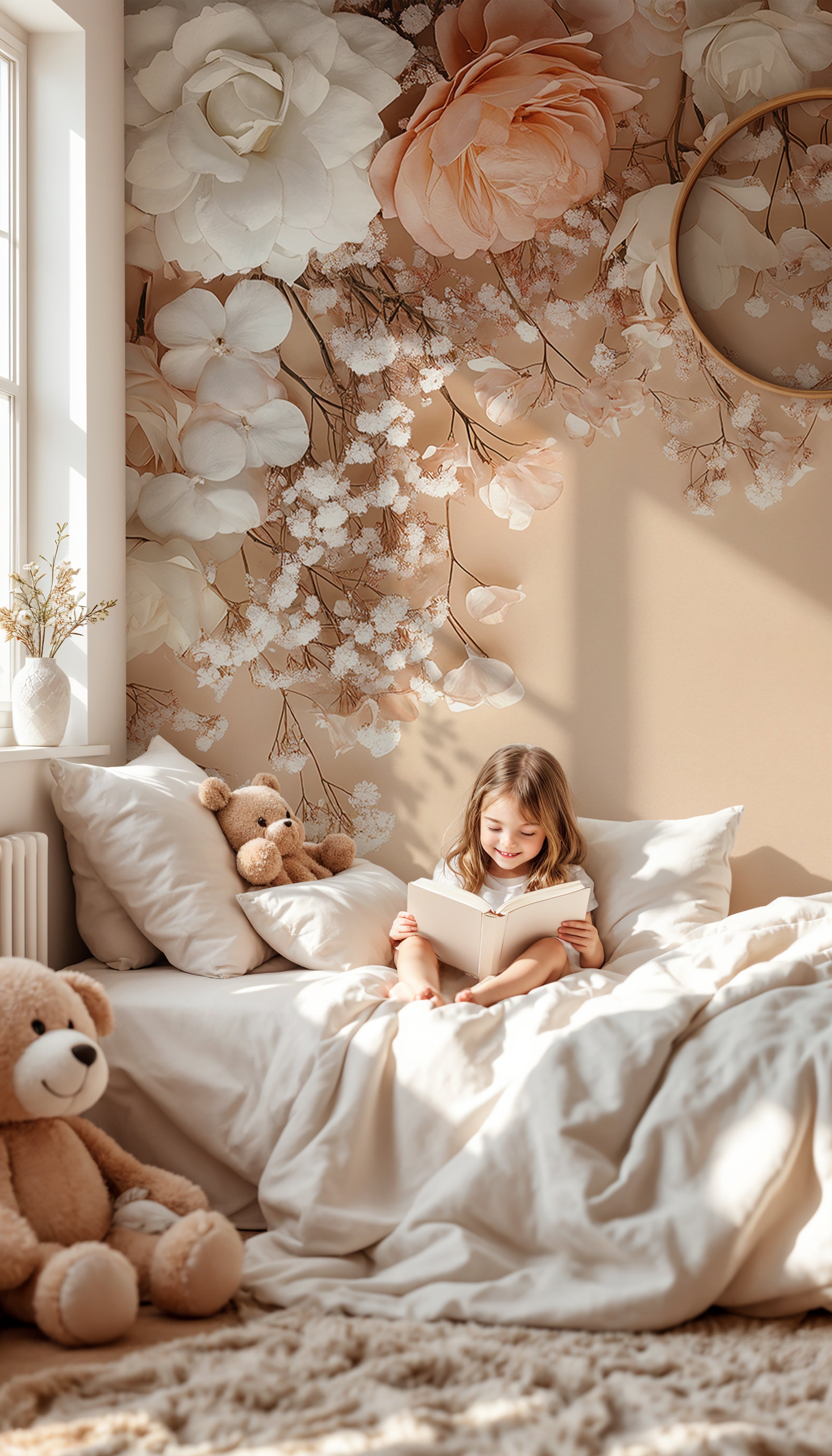 Hanging Flowers on Peach Color Background Wall Mural, Accent Wall White and Pink Floral Wallpaper, Roses and Meadow Flowers Decor