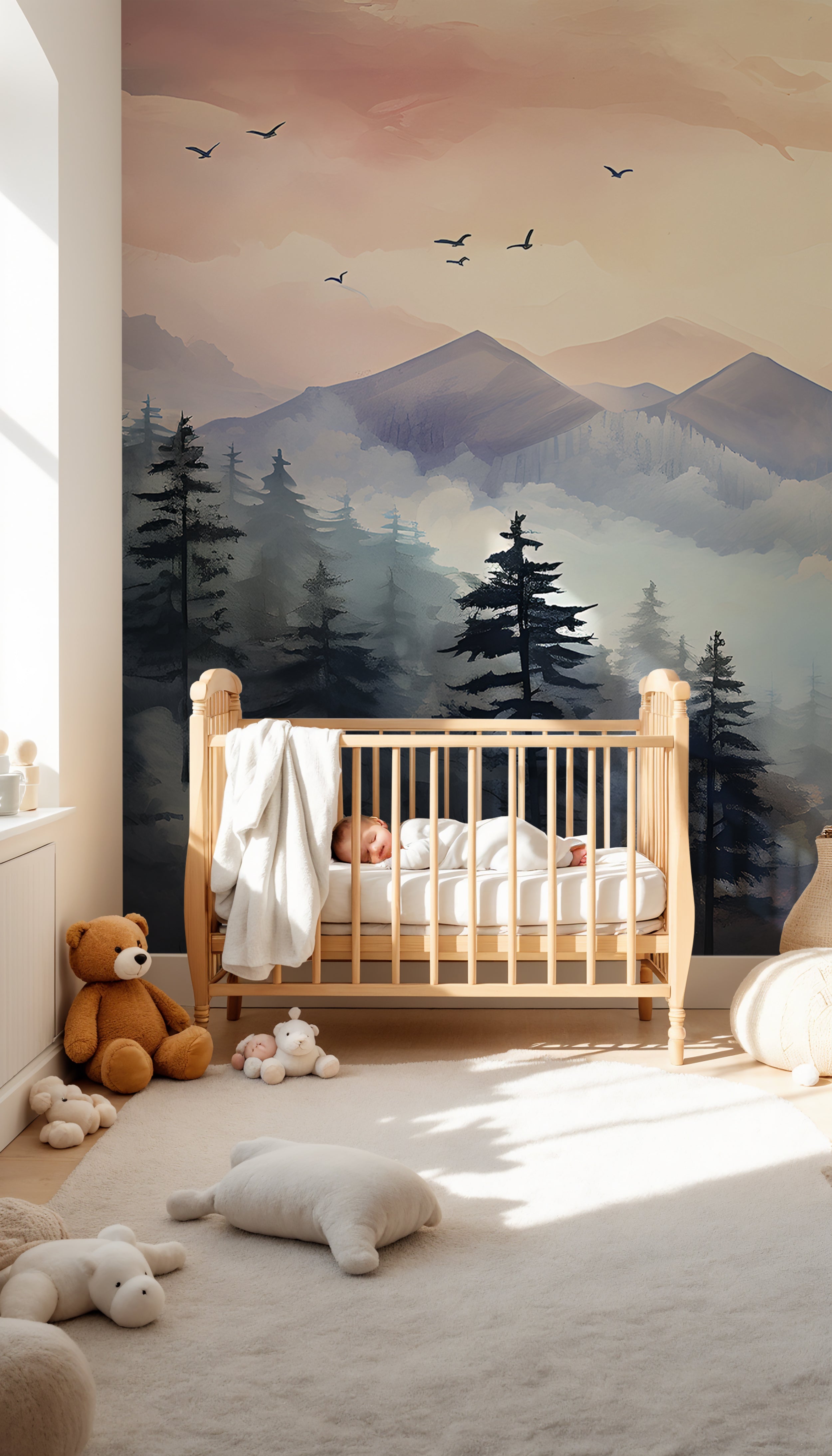 Colorful Nursery Mural, Forest and Mountains Wall Decal, Peel and Stick Nature Mural, Sunset Wallpaper, Mountain Custom Size, Removable