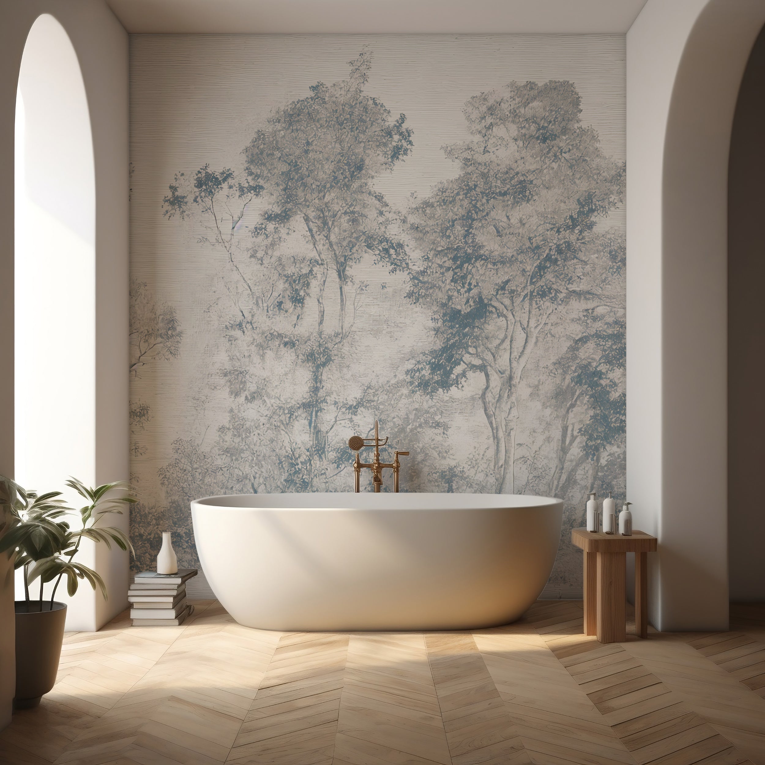 Grey Forest Monochrome Mural in Sepia Tone Peel and Stick Washed Out Trees Wallpaper