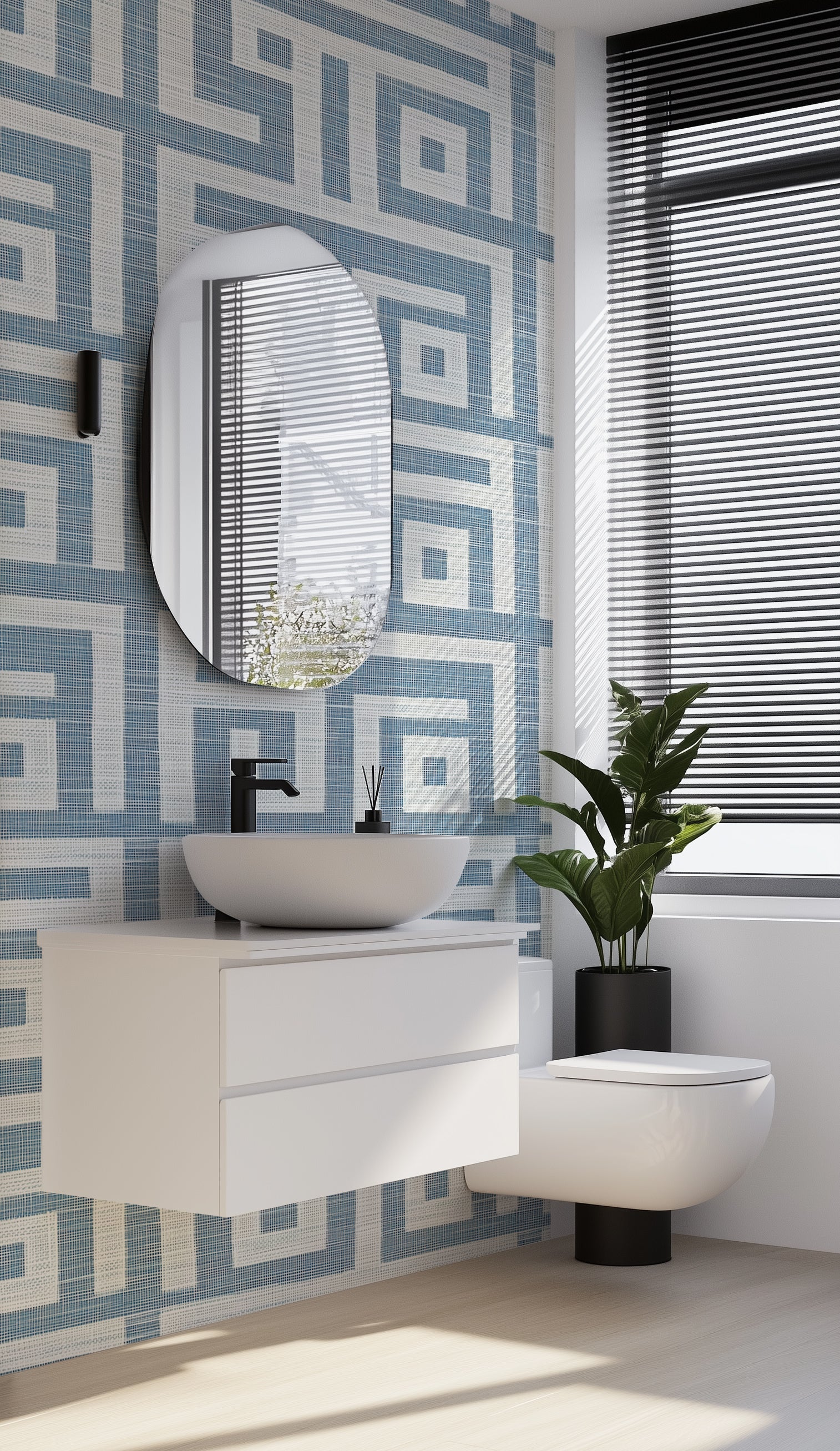 Papel pintado griego azul claro y blanco, decoración de pared escandinava autoadhesiva, papel pintado geométrico azul