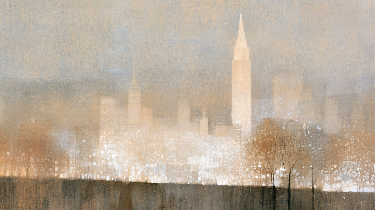 New York City Wall Mural With Abstract Skyscrapers And Golden Light
Beige Manhattan Cityscape Wall Mural With Atmospheric Urban Landscape