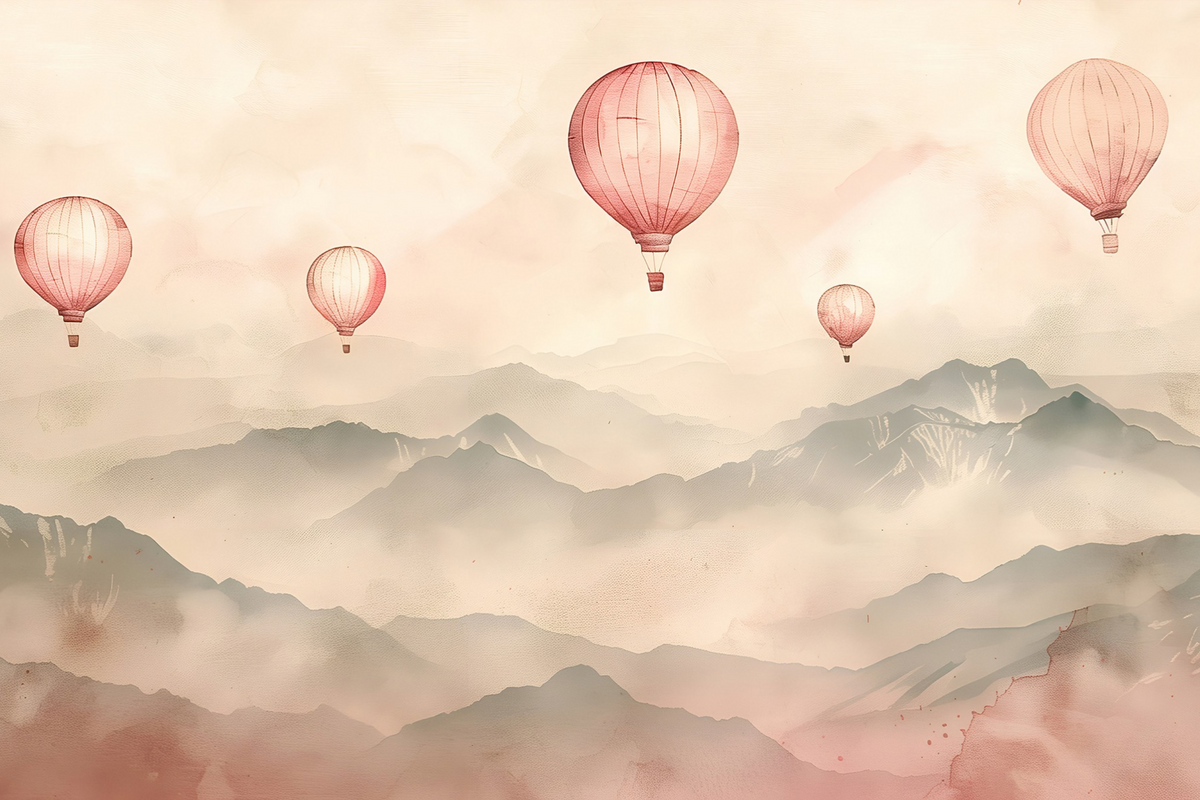 Nursery hot air balloons mural, muted pink color