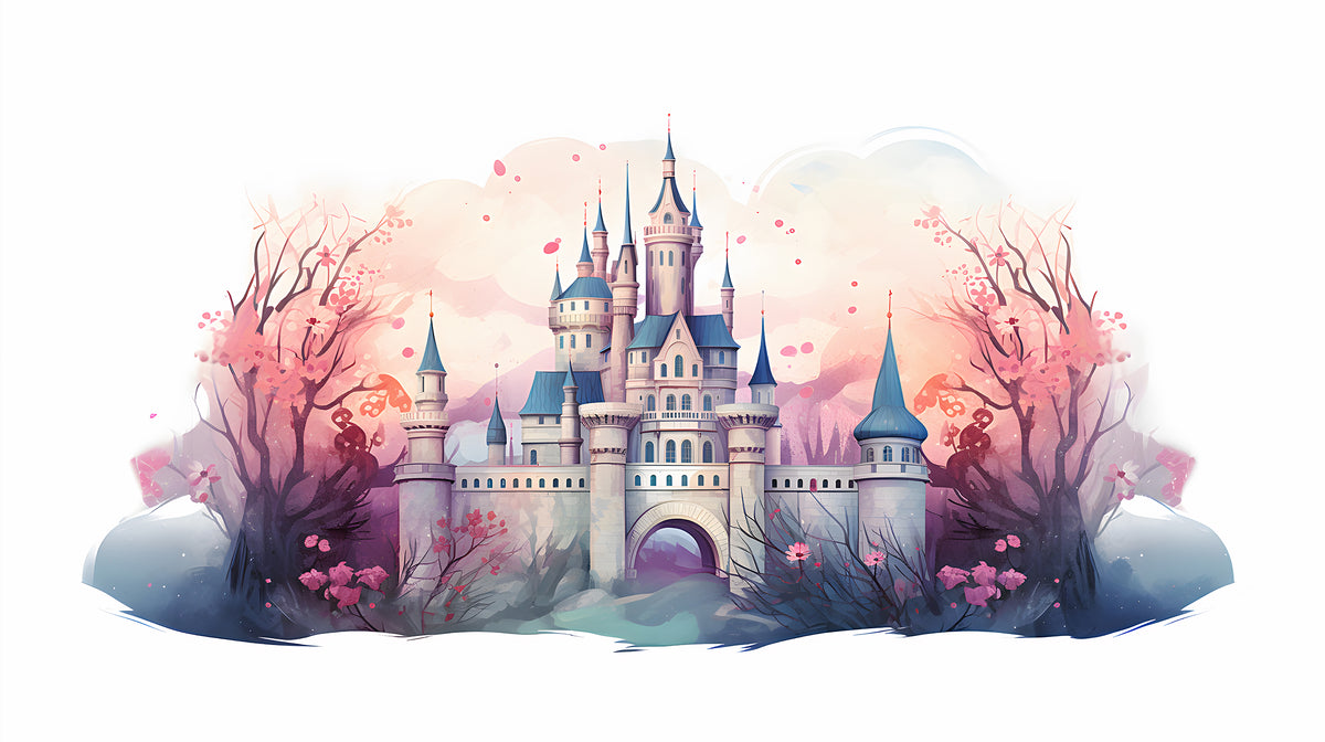 Nursery Castle Mural - Pink and Blue Watercolor Baby Wallpaper