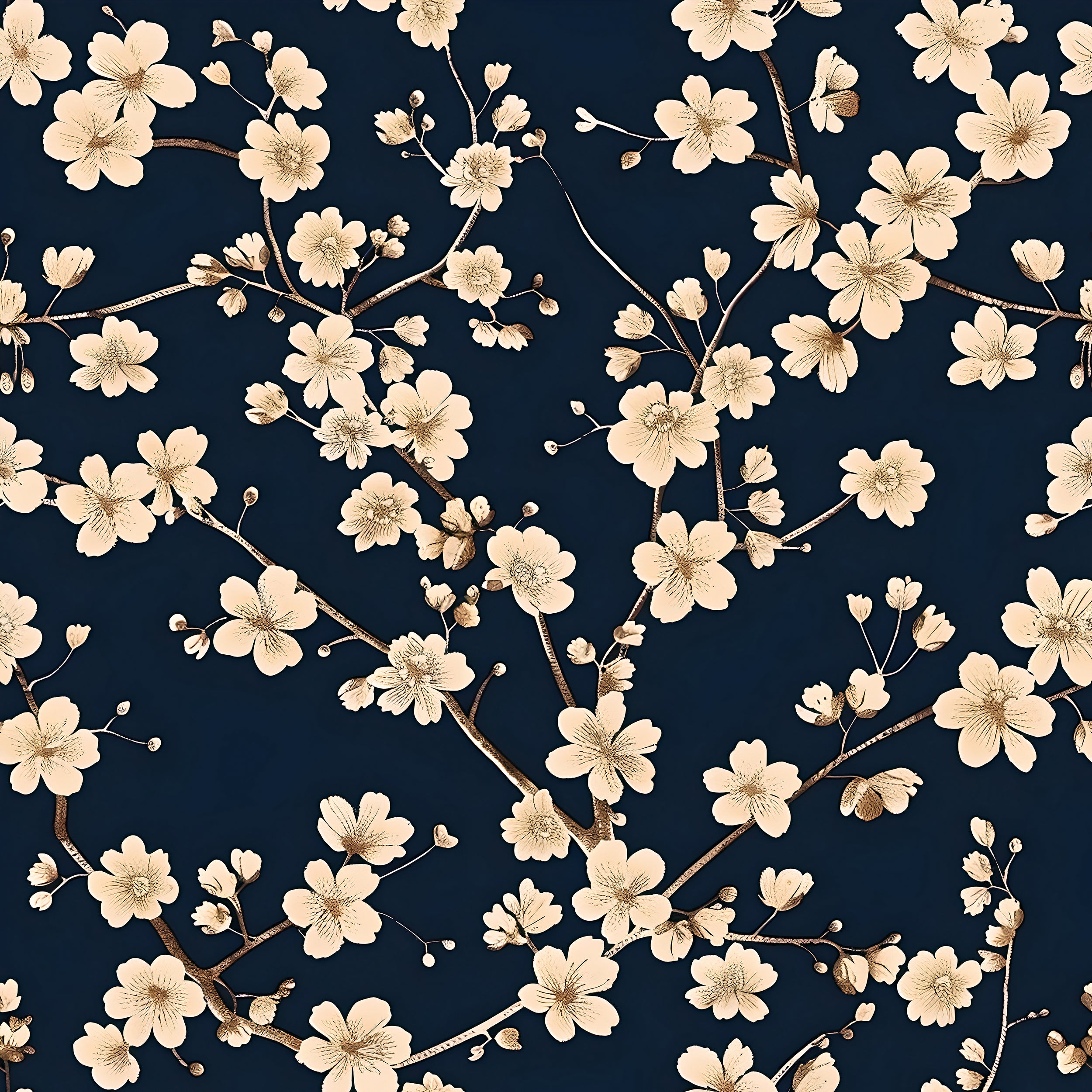 Botanical Navy Blue Wallpaper with Beige Flowers Elegant Floral Peel and Stick Wallpaper