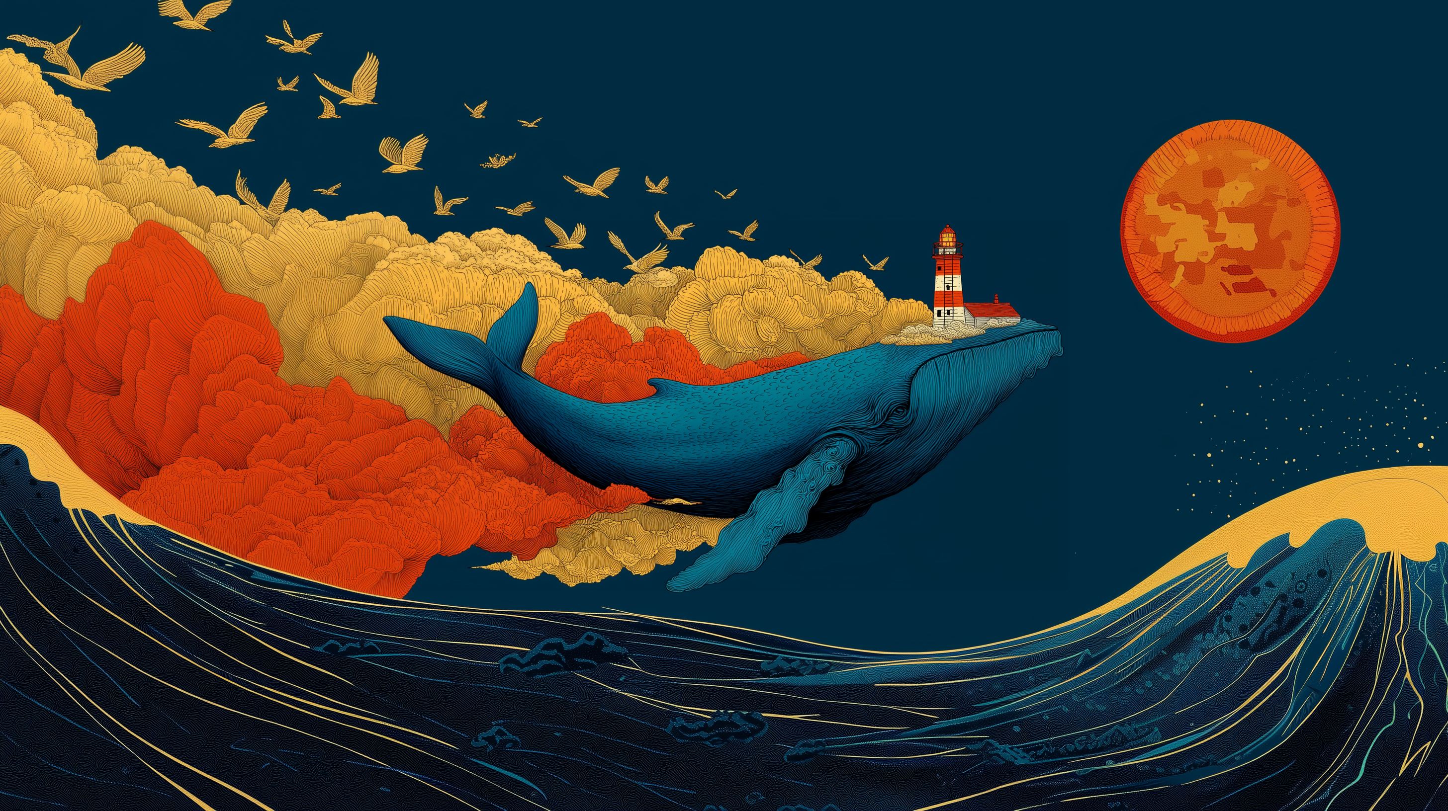 Blue and orange whale illustration

Dark colorful sea animal mural