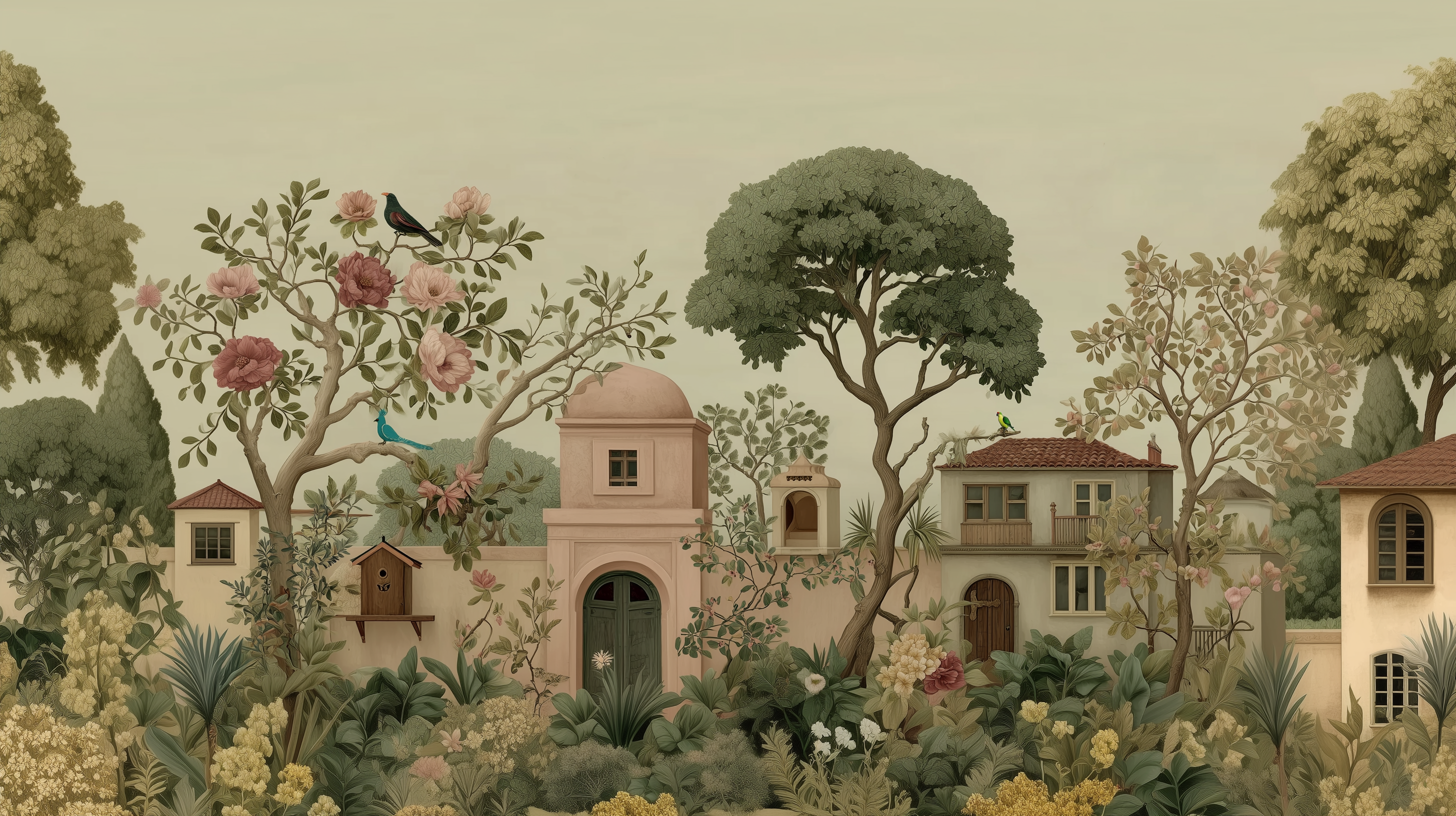 Illustration of a village with houses, trees, and birds in a garden setting. Old world scenic wallpaper with soft green tones

Castle on hill mural with surrounding forest