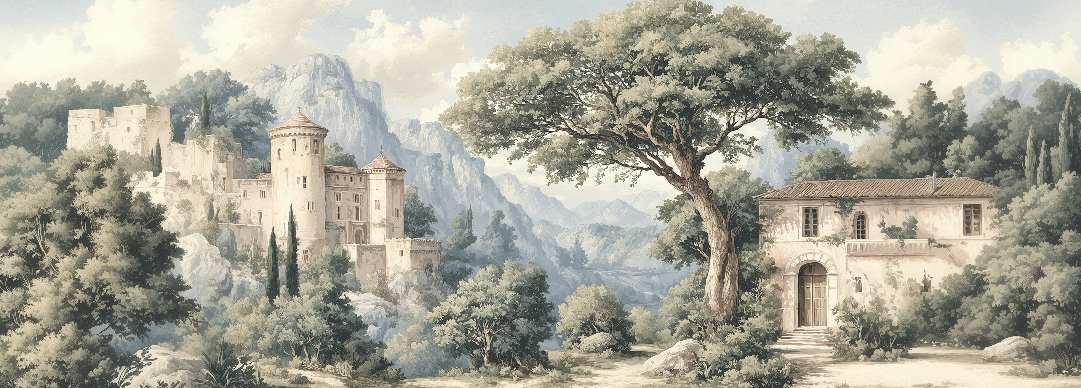 Old world scenic wallpaper with soft green tones

Castle on hill mural with surrounding forest