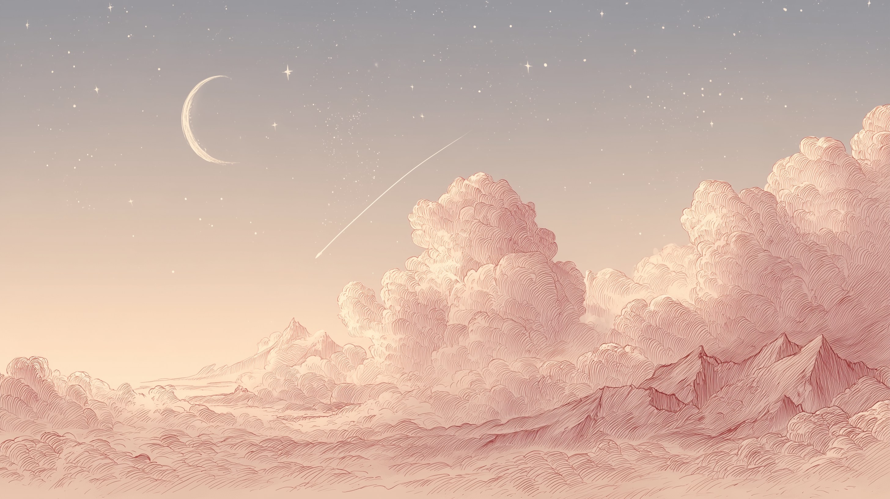 Soft pastel cloud wallpaper with moon

Starry night mural with pink clouds and sky