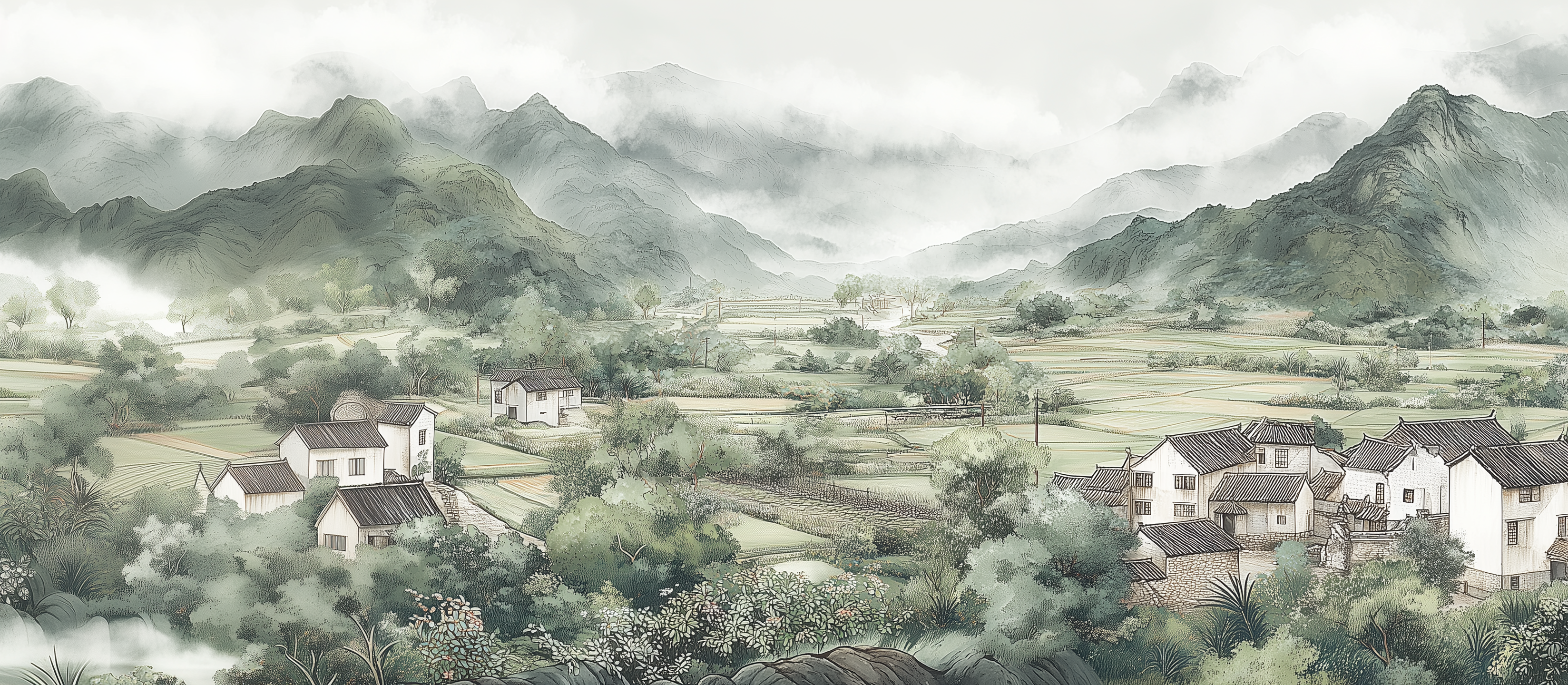 Traditional ink style landscape mural

Foggy hills with rice paddies wallpaper