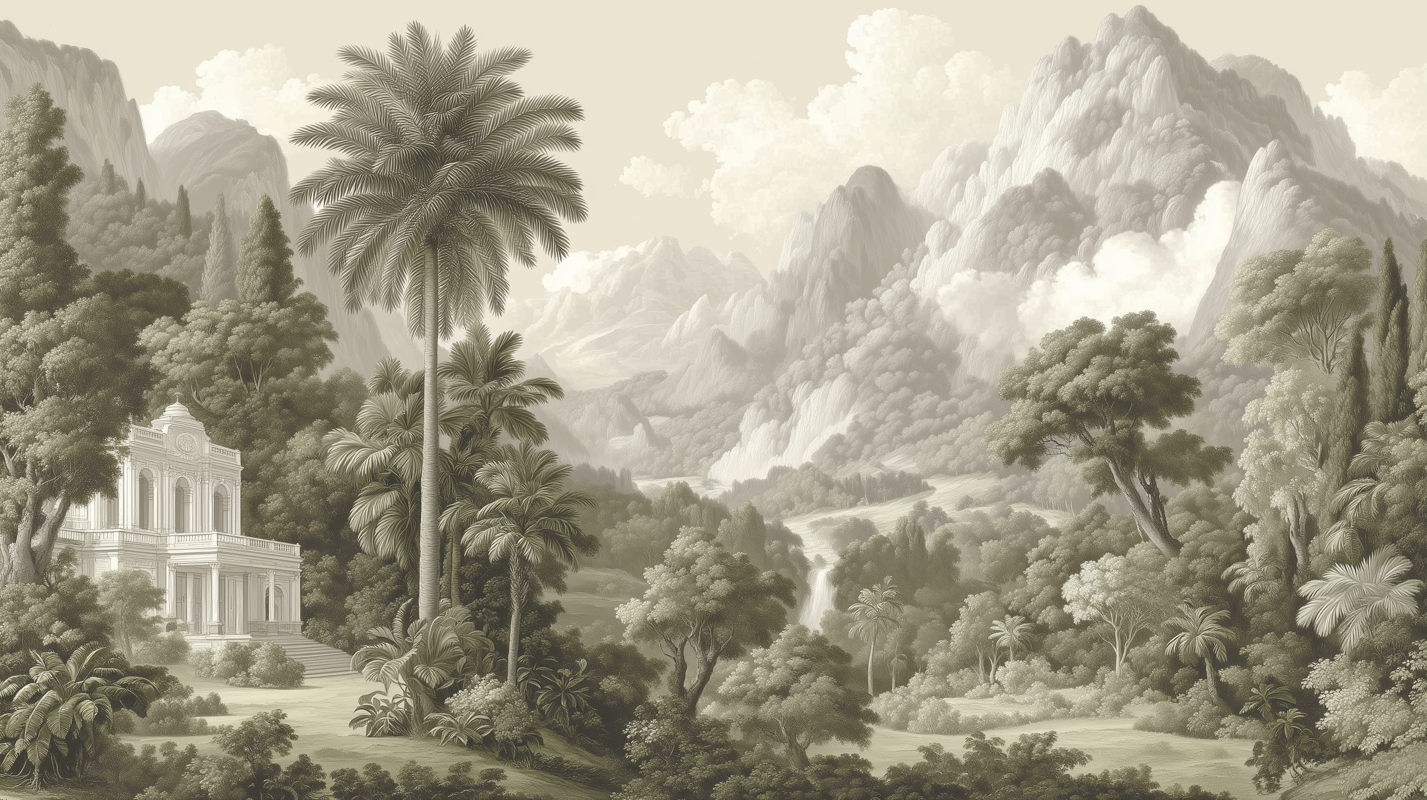 Classical temple in exotic forest mural

Vintage scenic mural with palm trees