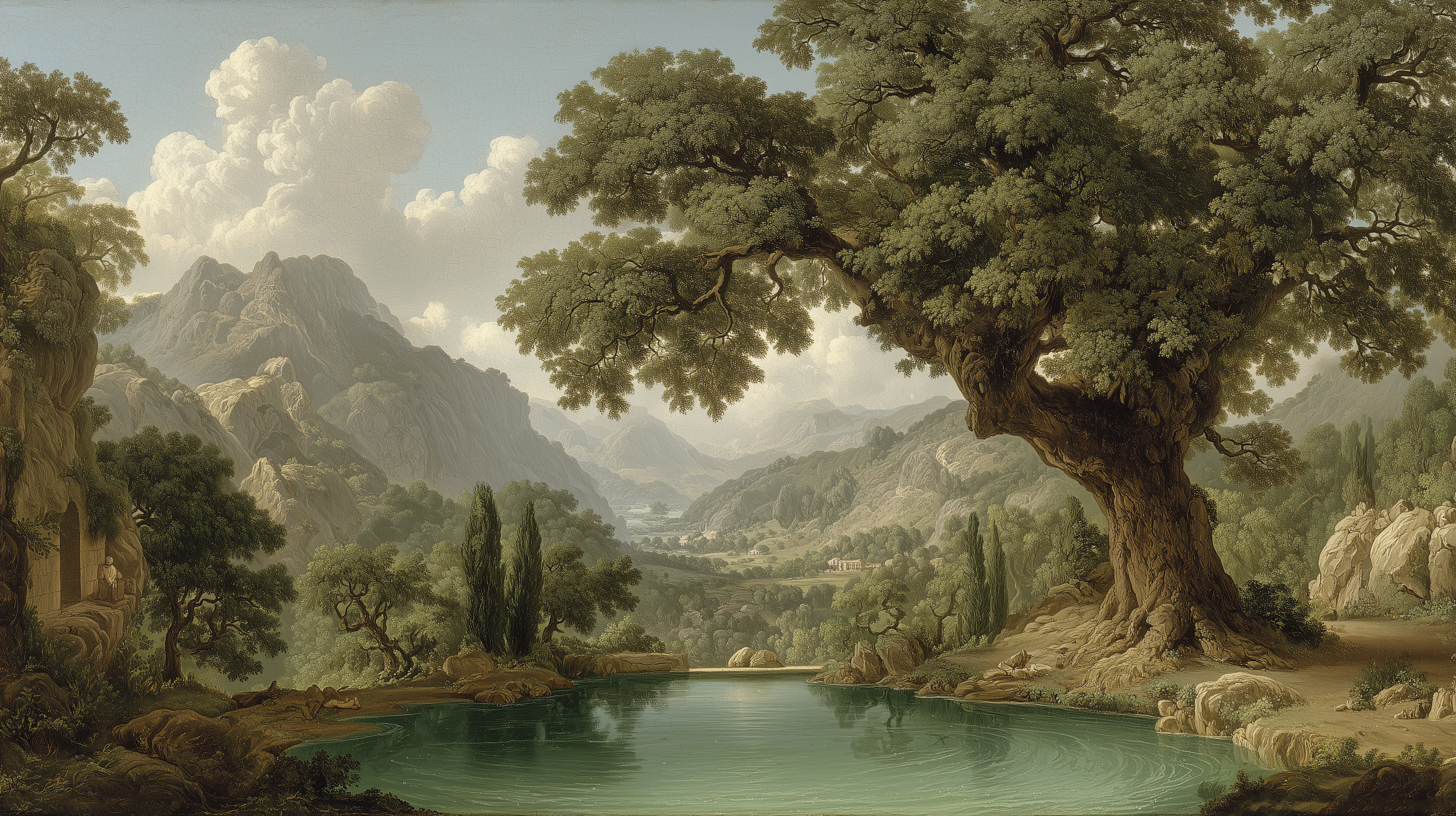 old-world valley scene wall art

large oak tree with mountains mural