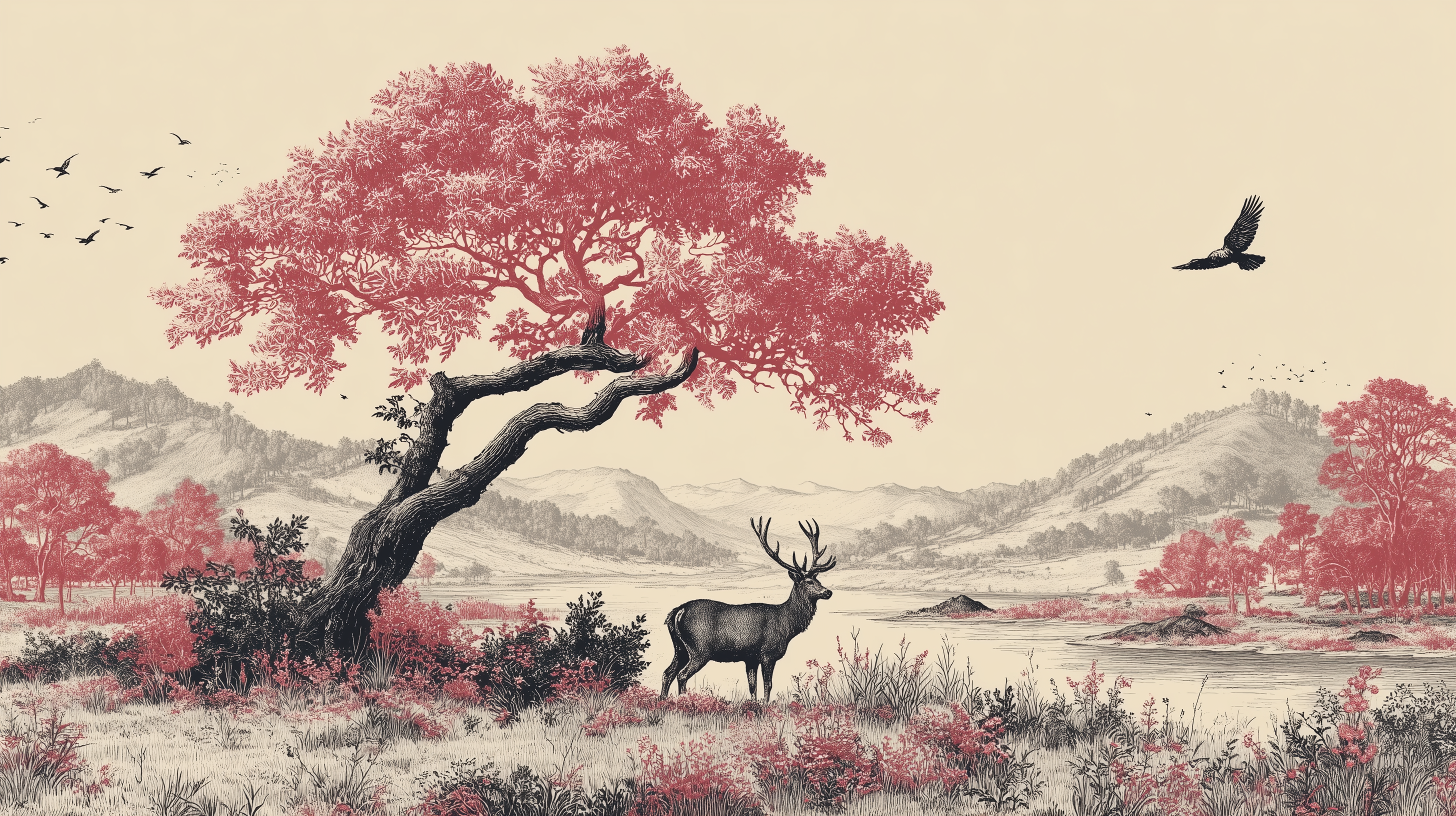Graphic illustrated nature scene wall mural
Whimsical mountain valley mural with bright colors