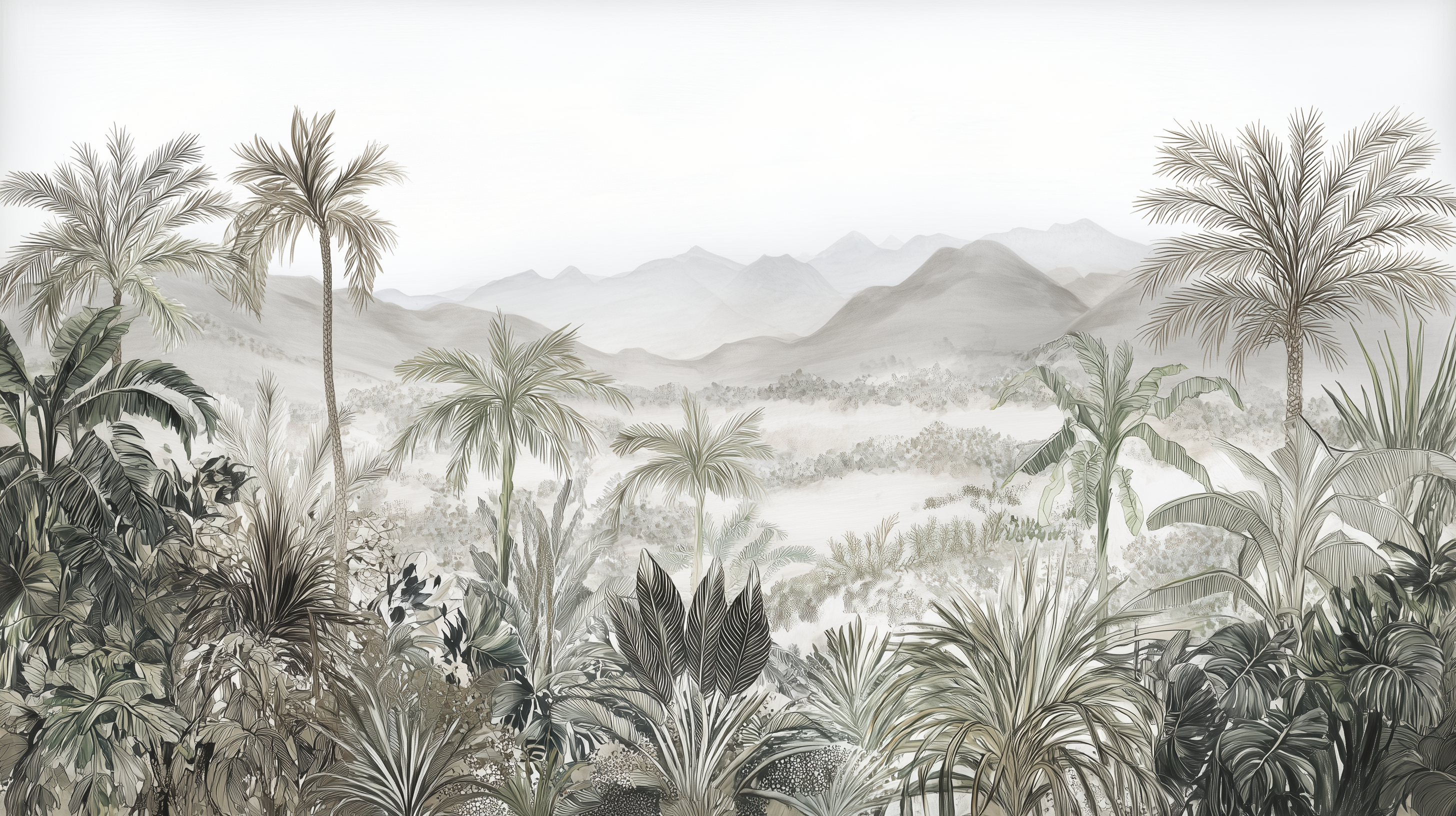 Tropical Jungle and Distant Mountains Monochrome Wall Mural in Neutral Tones Wall Mural