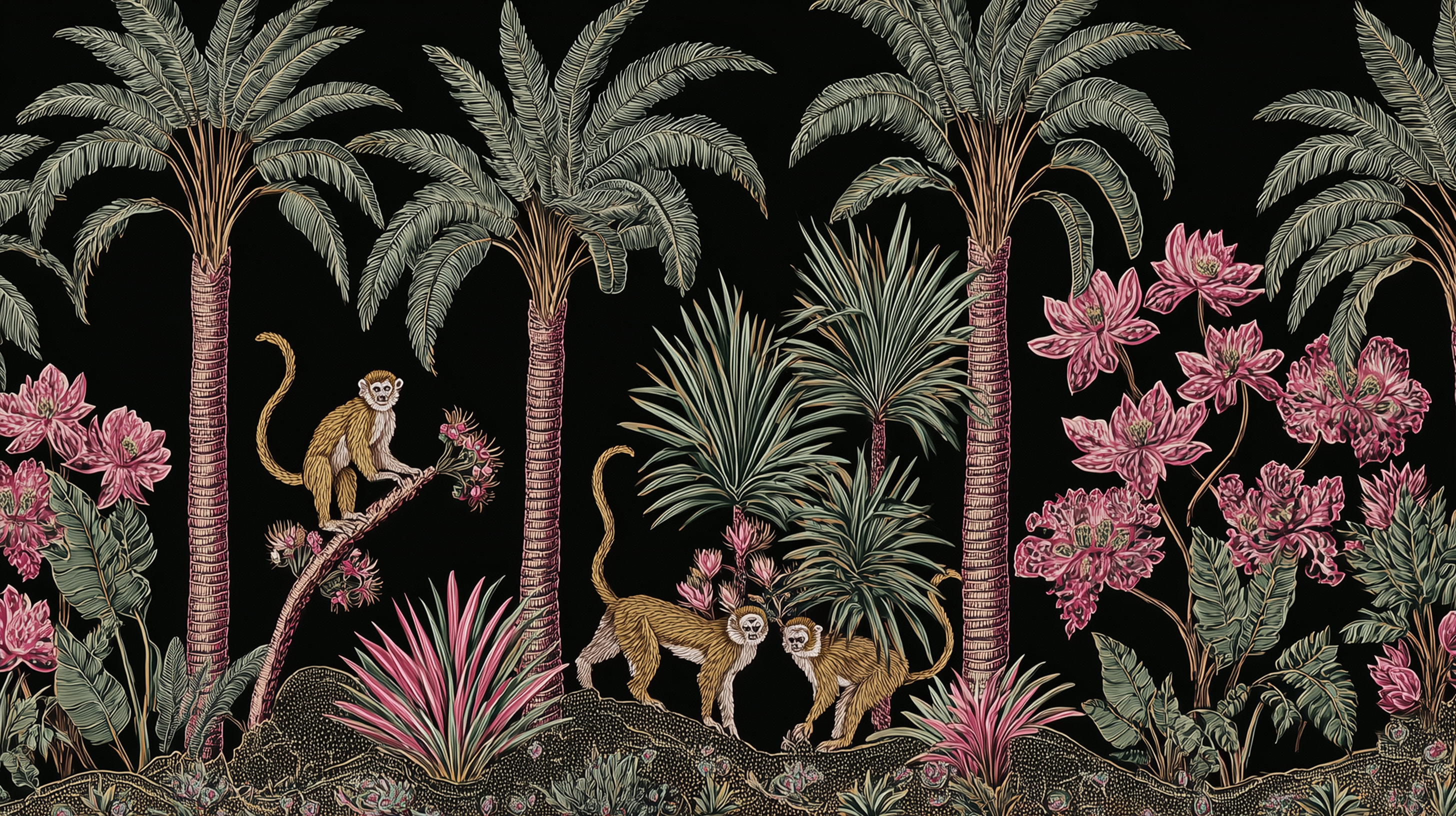 Exotic black background wallpaper for bold interiors

Maximalist decor jungle wallpaper with animals