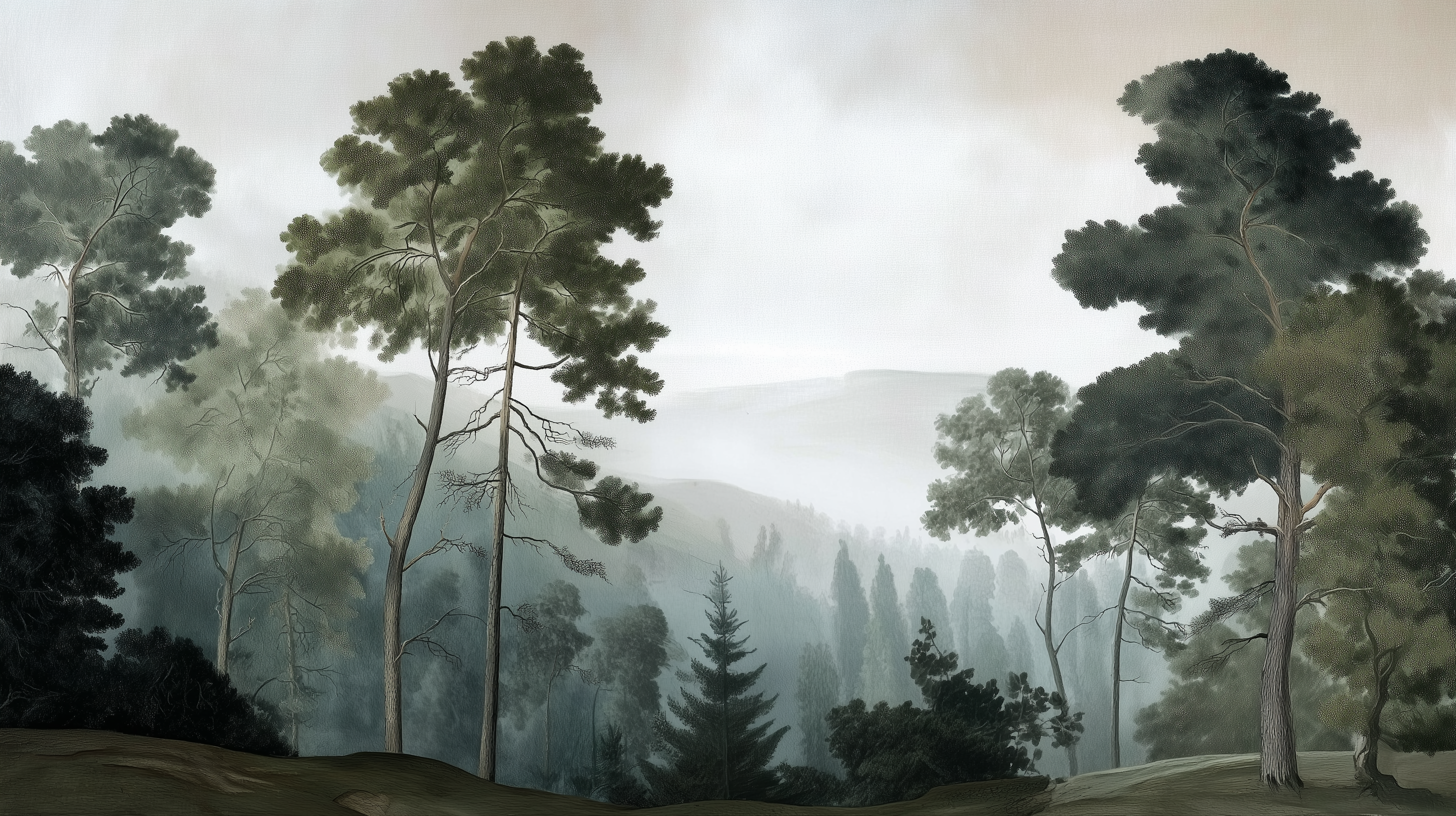 Hand painted forest scene mural

Misty green woodland wall covering