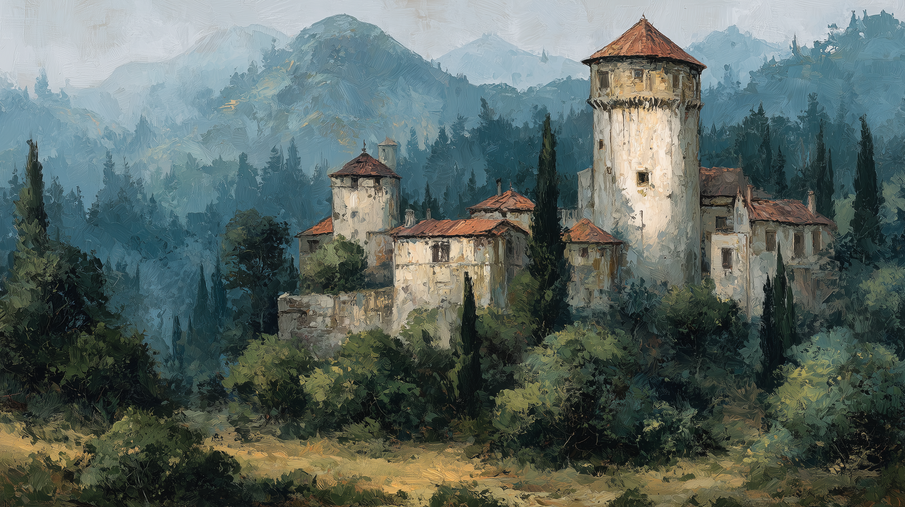 blue mountain and castle scene
hand painted medieval castle mural