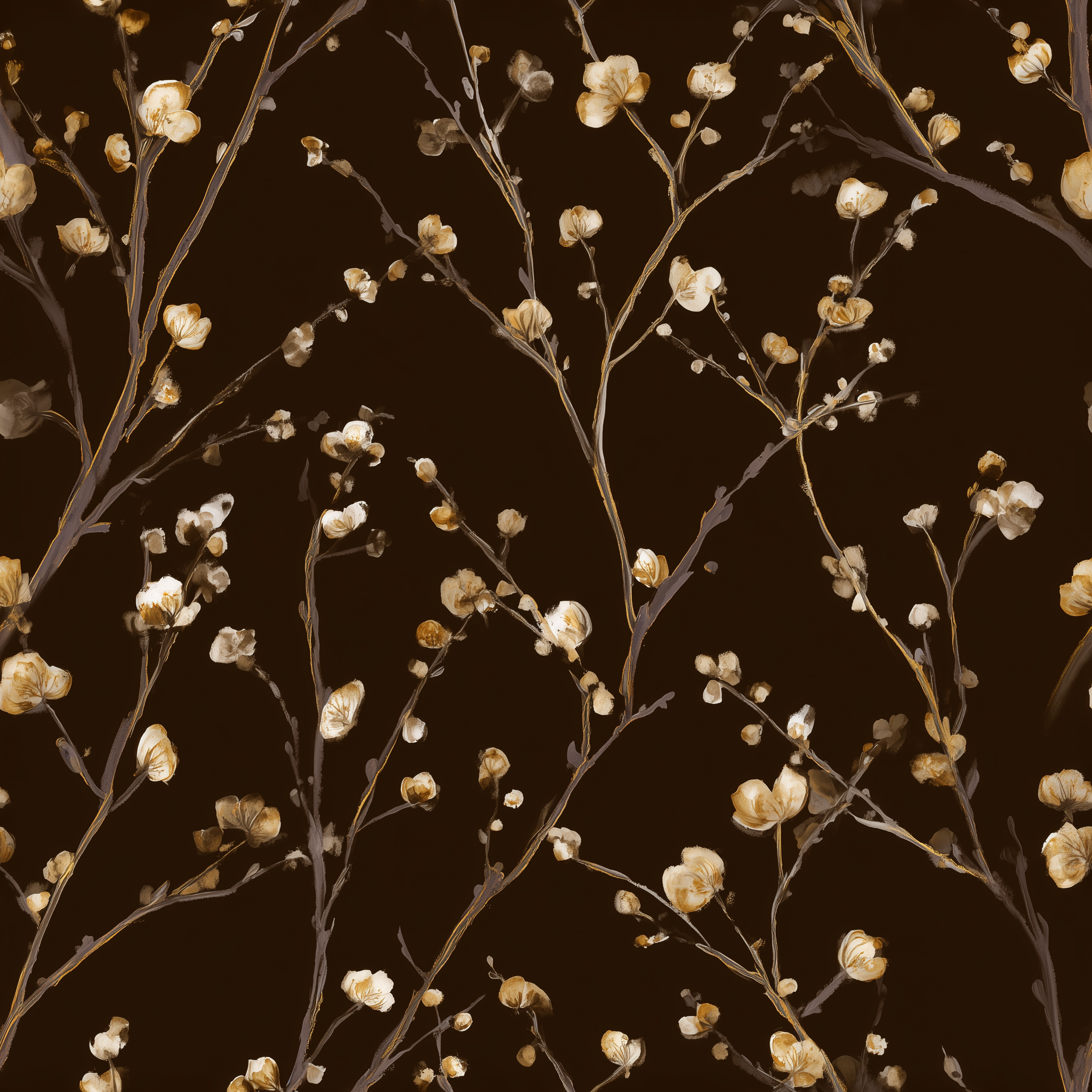 Hand painted flower branch mural

Elegant floral pattern with gold and dark tones